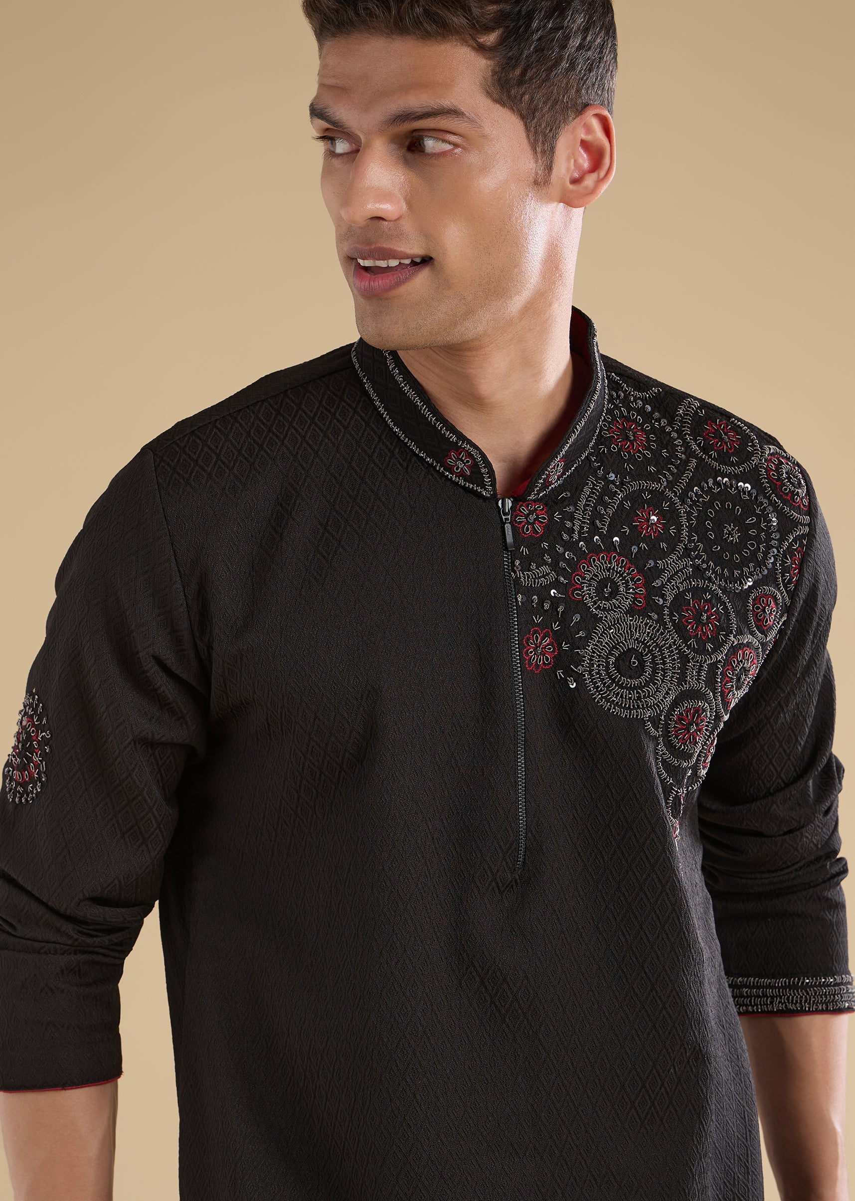 Black Suiting Sequin Resham Threadwork Kurta Set - Image 2