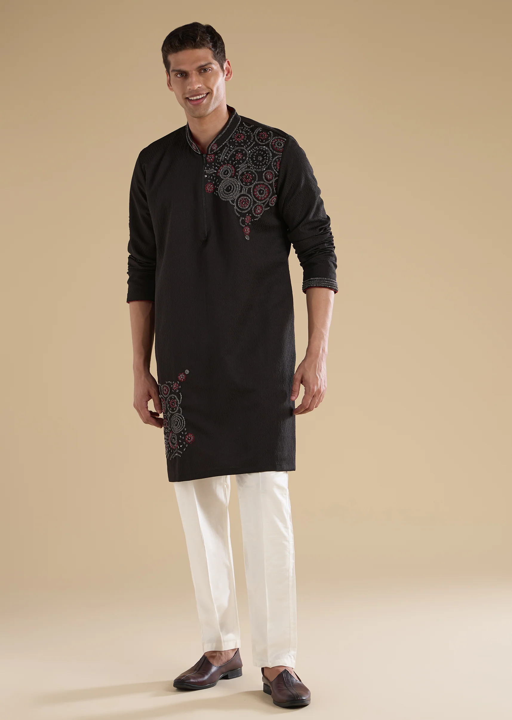 Black Suiting Sequin Resham Threadwork Kurta Set - Image 3