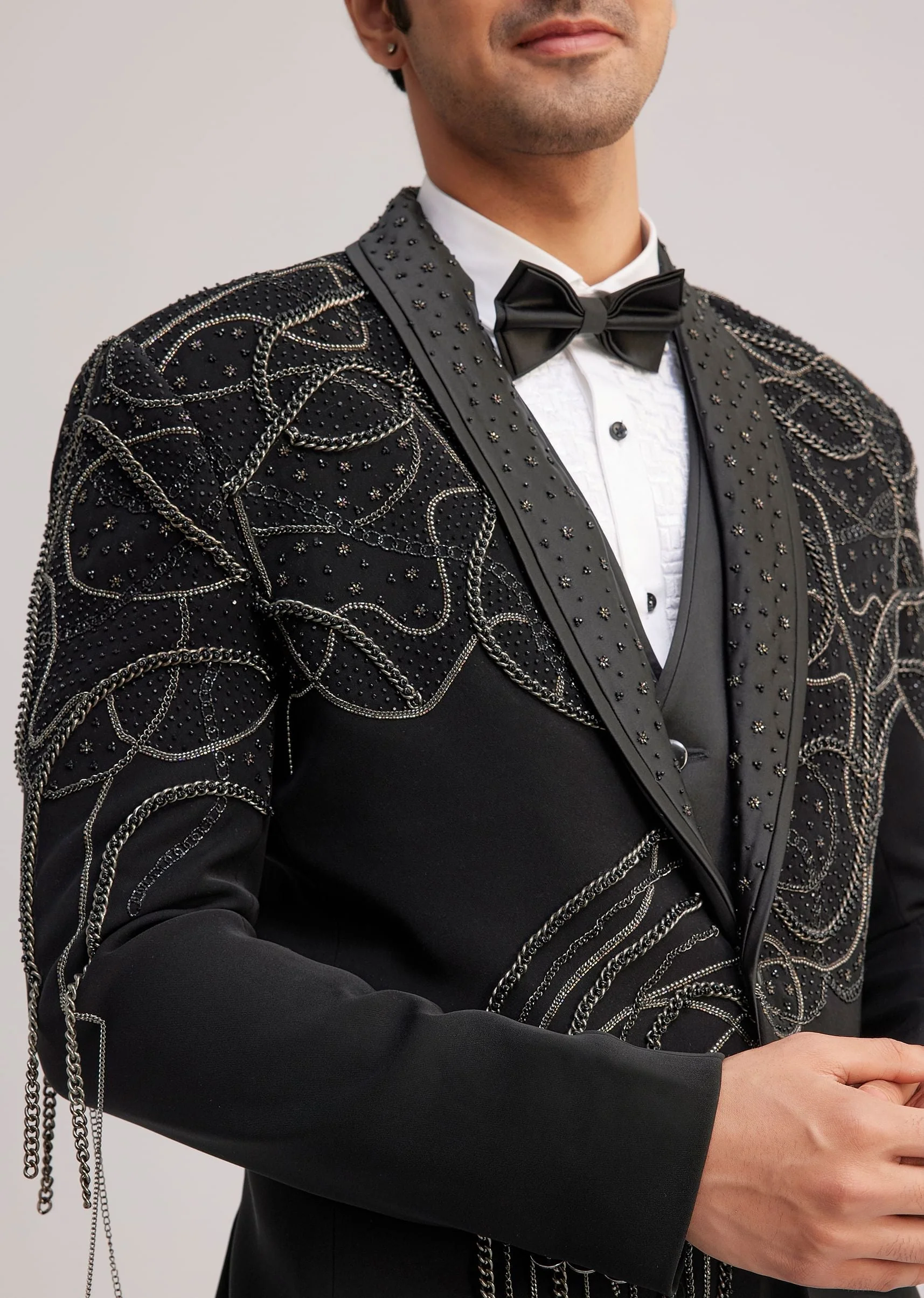 Black Suiting Tuxedo With Metallic Chain And Stone Work - Image 5