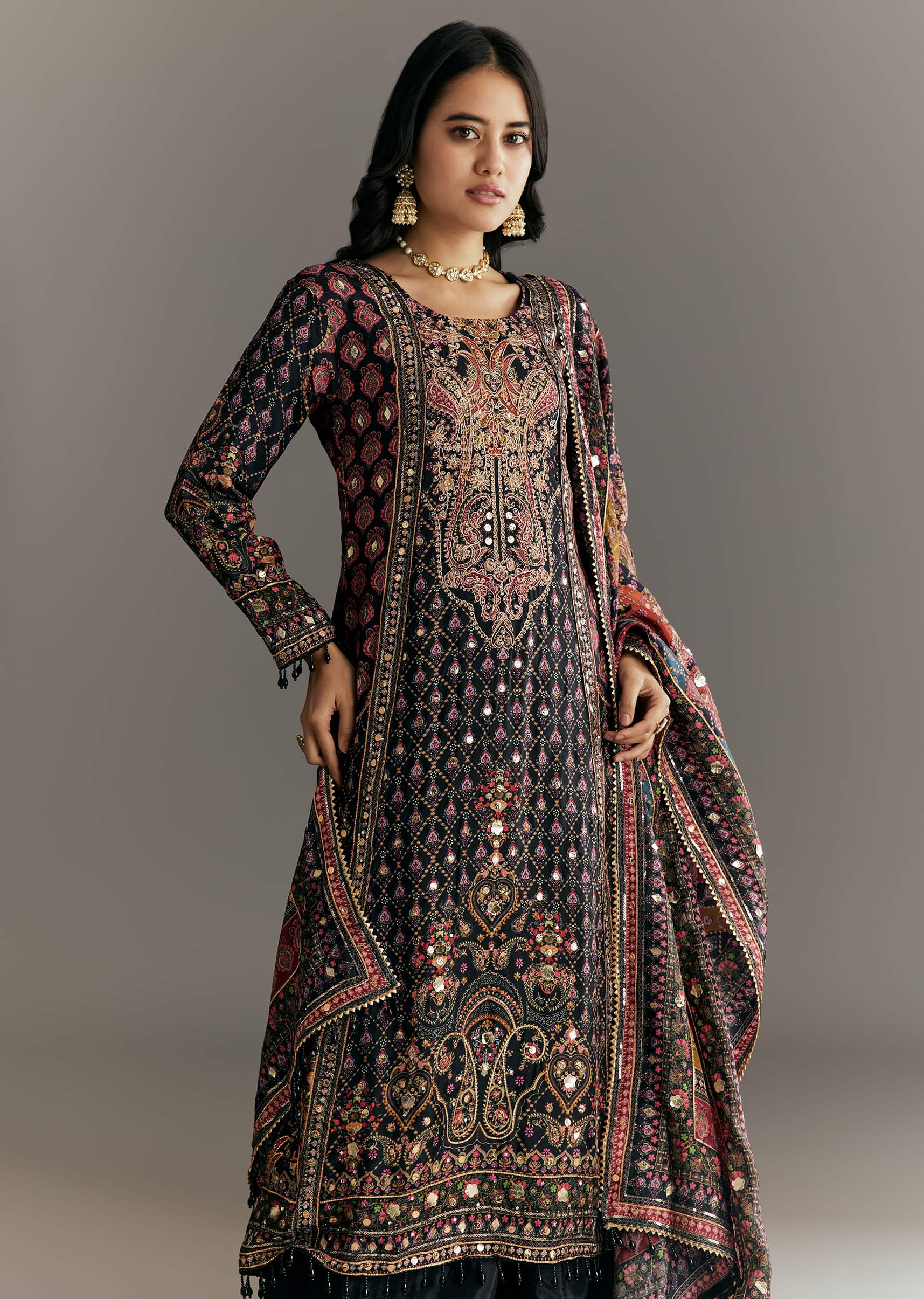 Black Tabby Silk Zari Embroidered Kurta Palazzo With Printed Dupatta - Image 4
