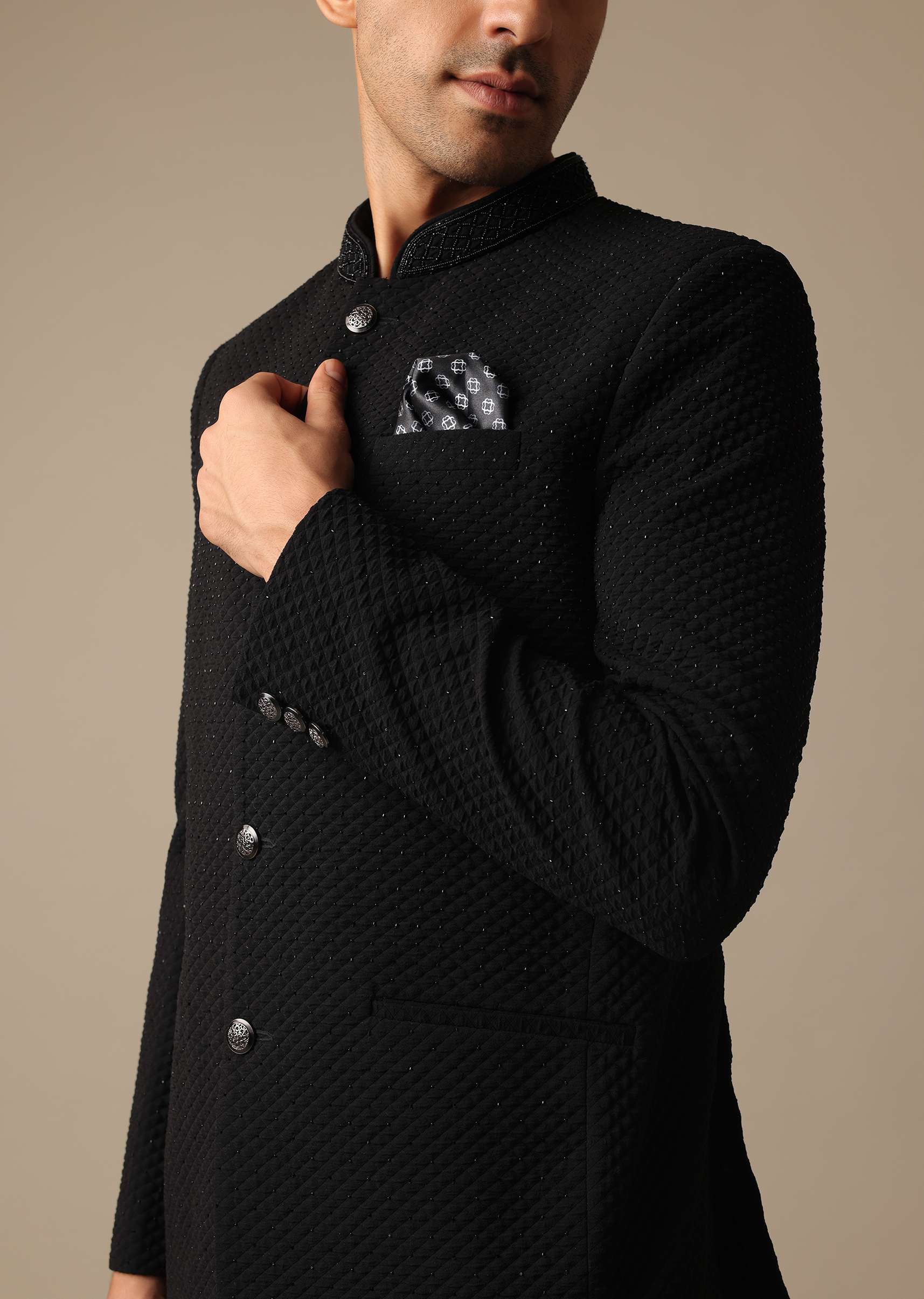 Black Jodhpuri Textured Bandhgala And Pant Set - Image 3