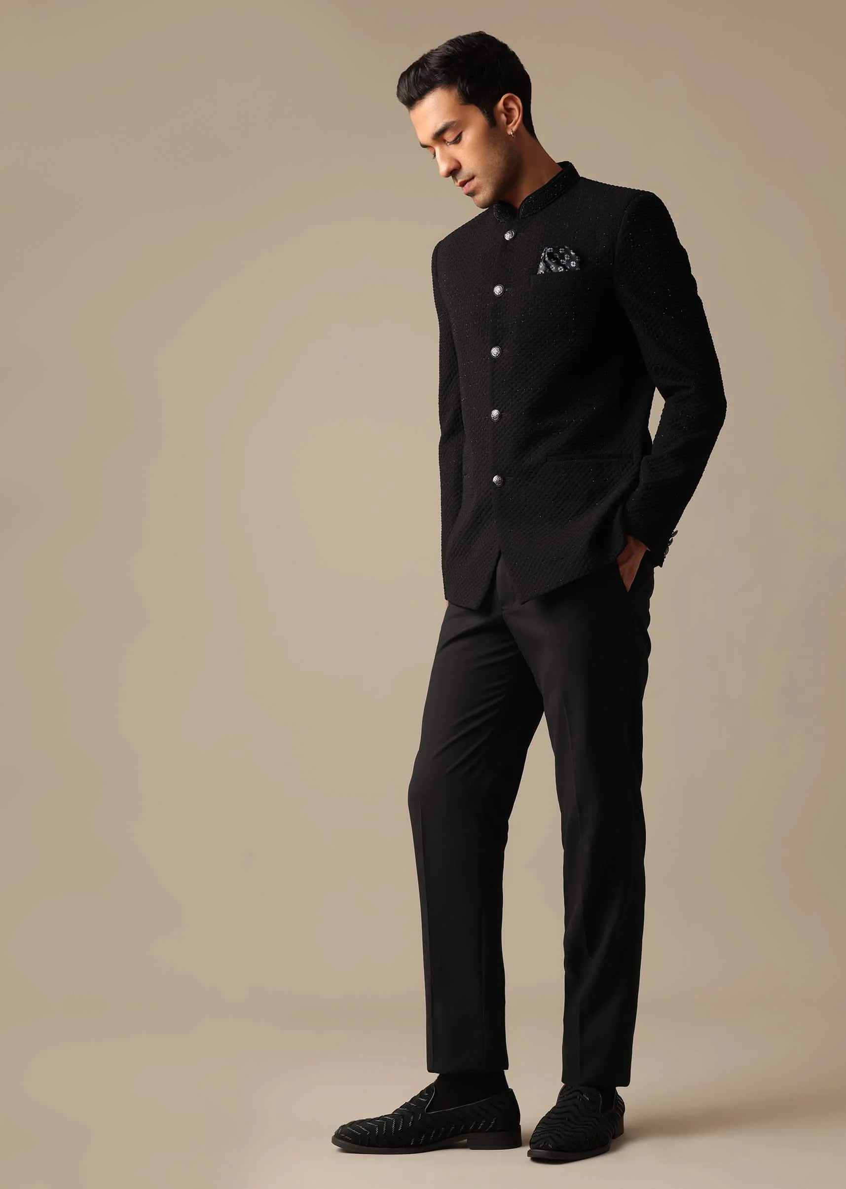 Black Jodhpuri Textured Bandhgala And Pant Set - Image 8