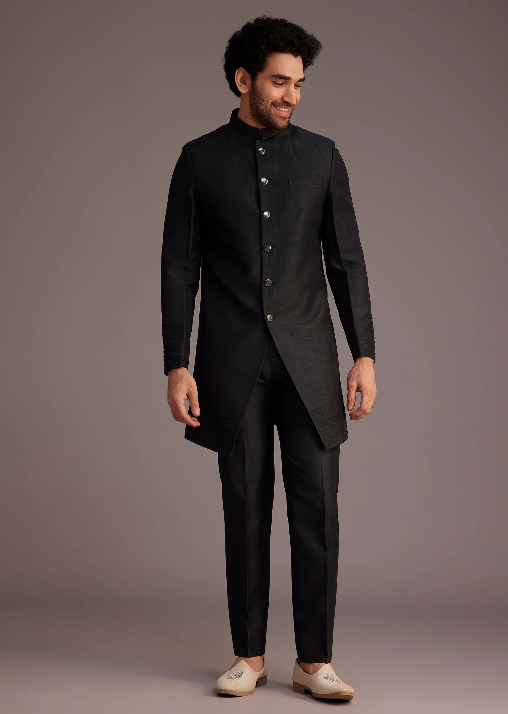 Black Textured Bandhgala With Embellished Full Sleeve Jacket - Image 4