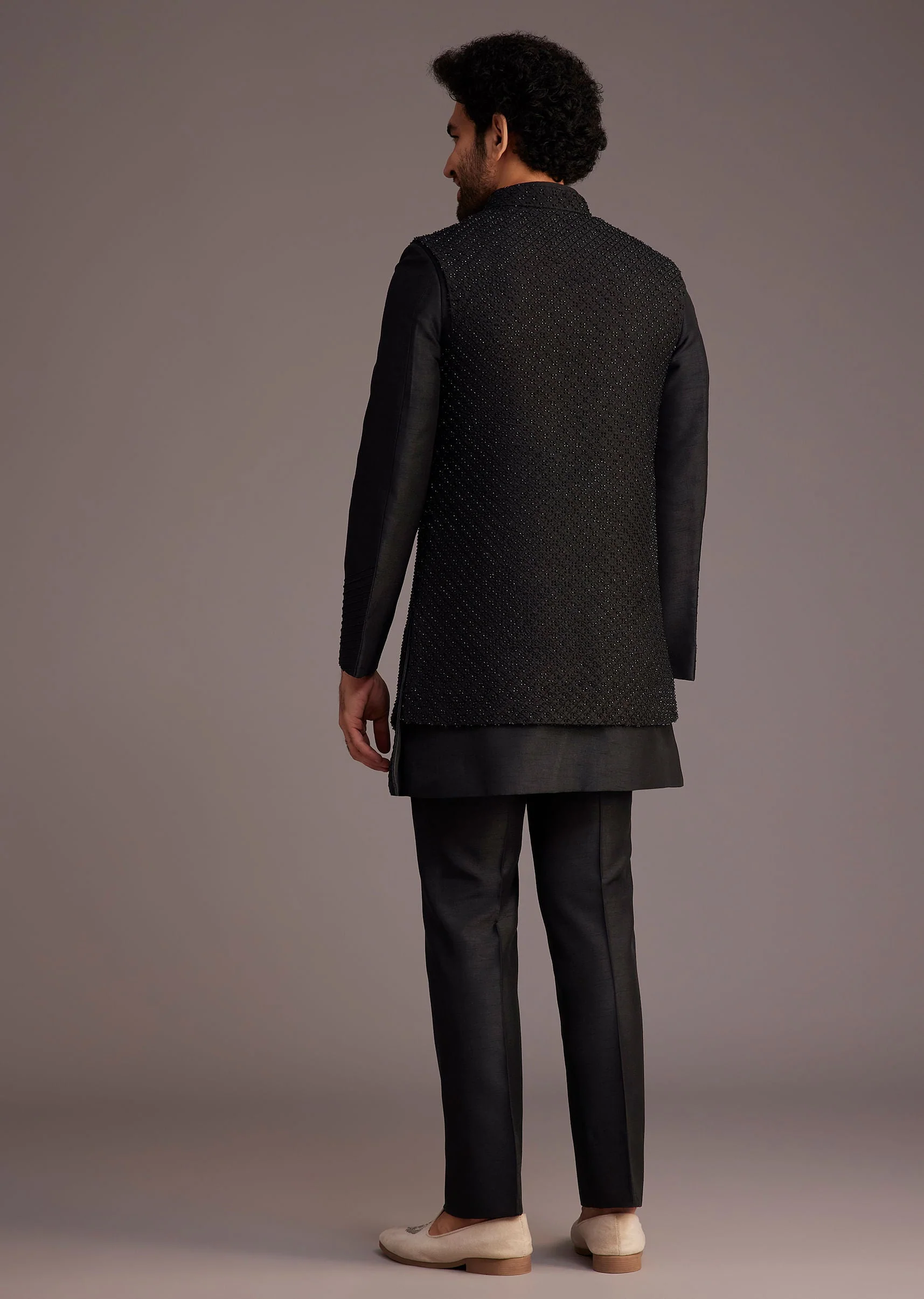 Black Textured Bandhgala With Embellished Full Sleeve Jacket - Image 5