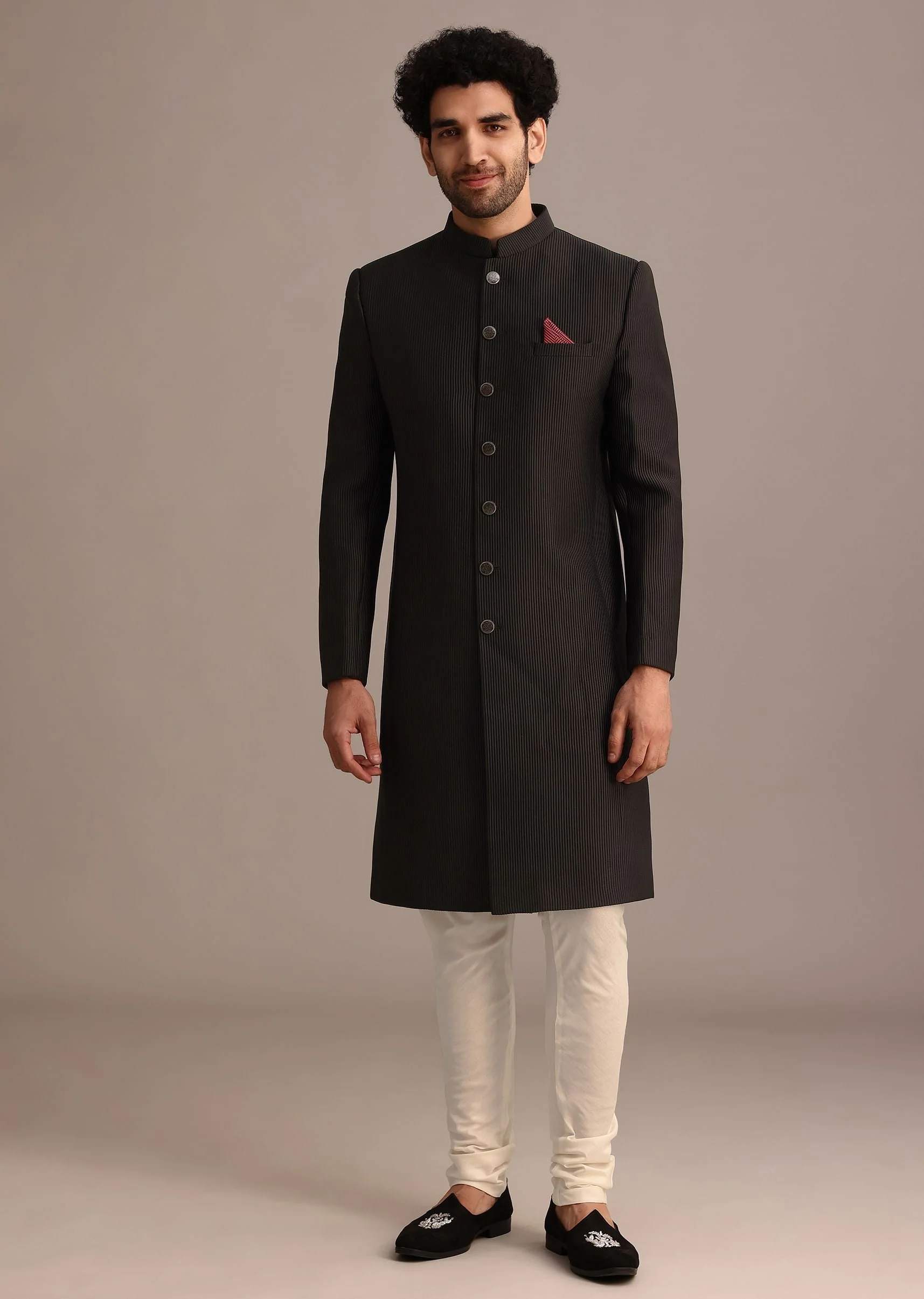 Black Textured Sherwani Set With Mandarin Collar - Image 3