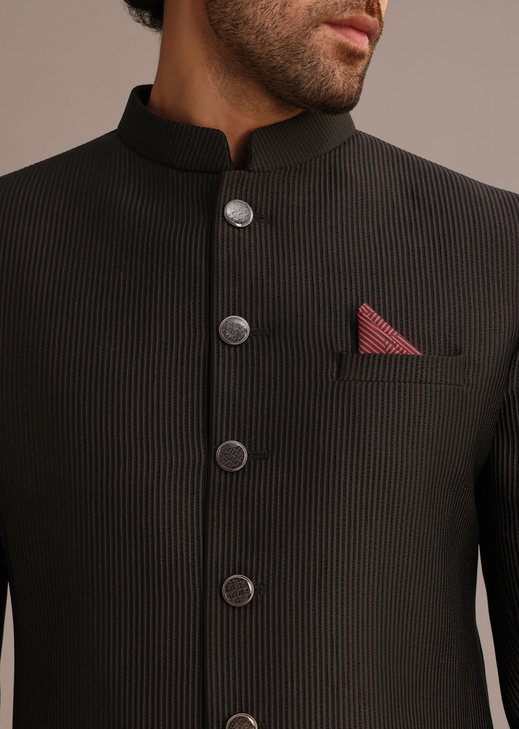 Black Textured Sherwani Set With Mandarin Collar - Image 4