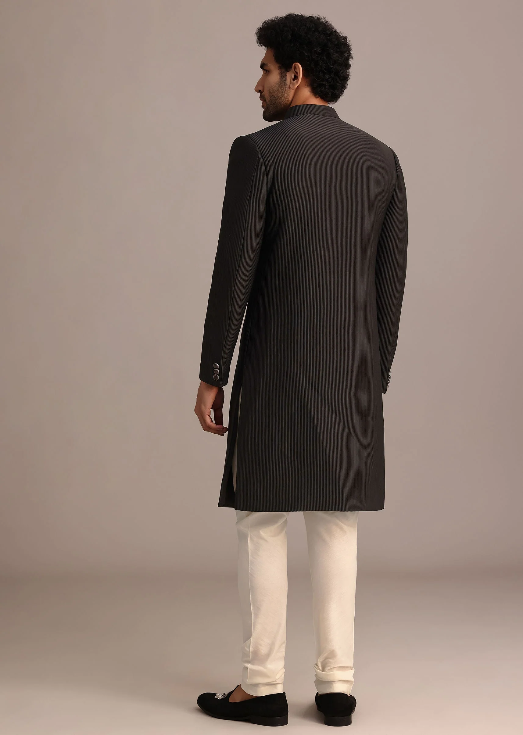 Black Textured Sherwani Set With Mandarin Collar - Image 5