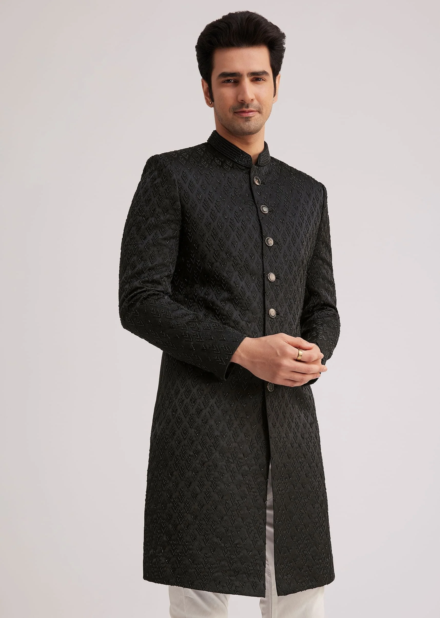 Black Textured Sherwani With Classic Button Detailing - Image 3