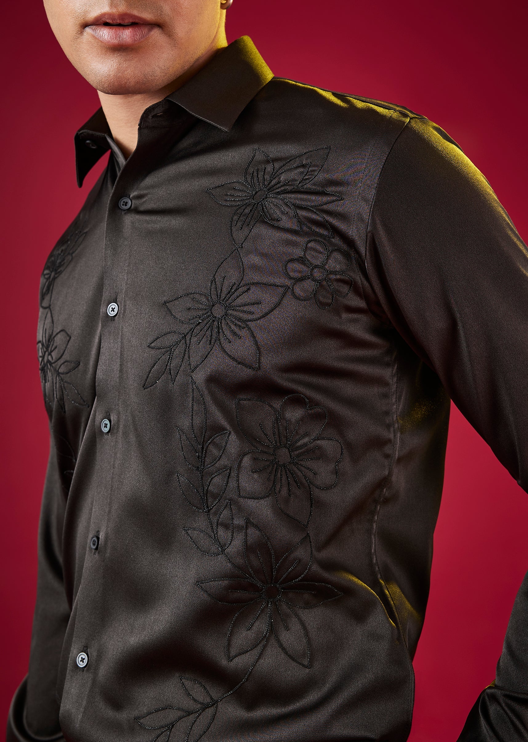 Black Thread Embellished Mens Shirt - Image 2