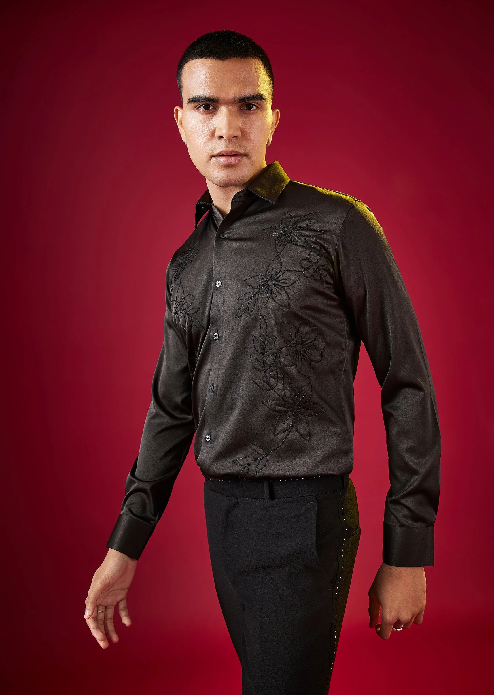 Black Thread Embellished Mens Shirt - Image 4