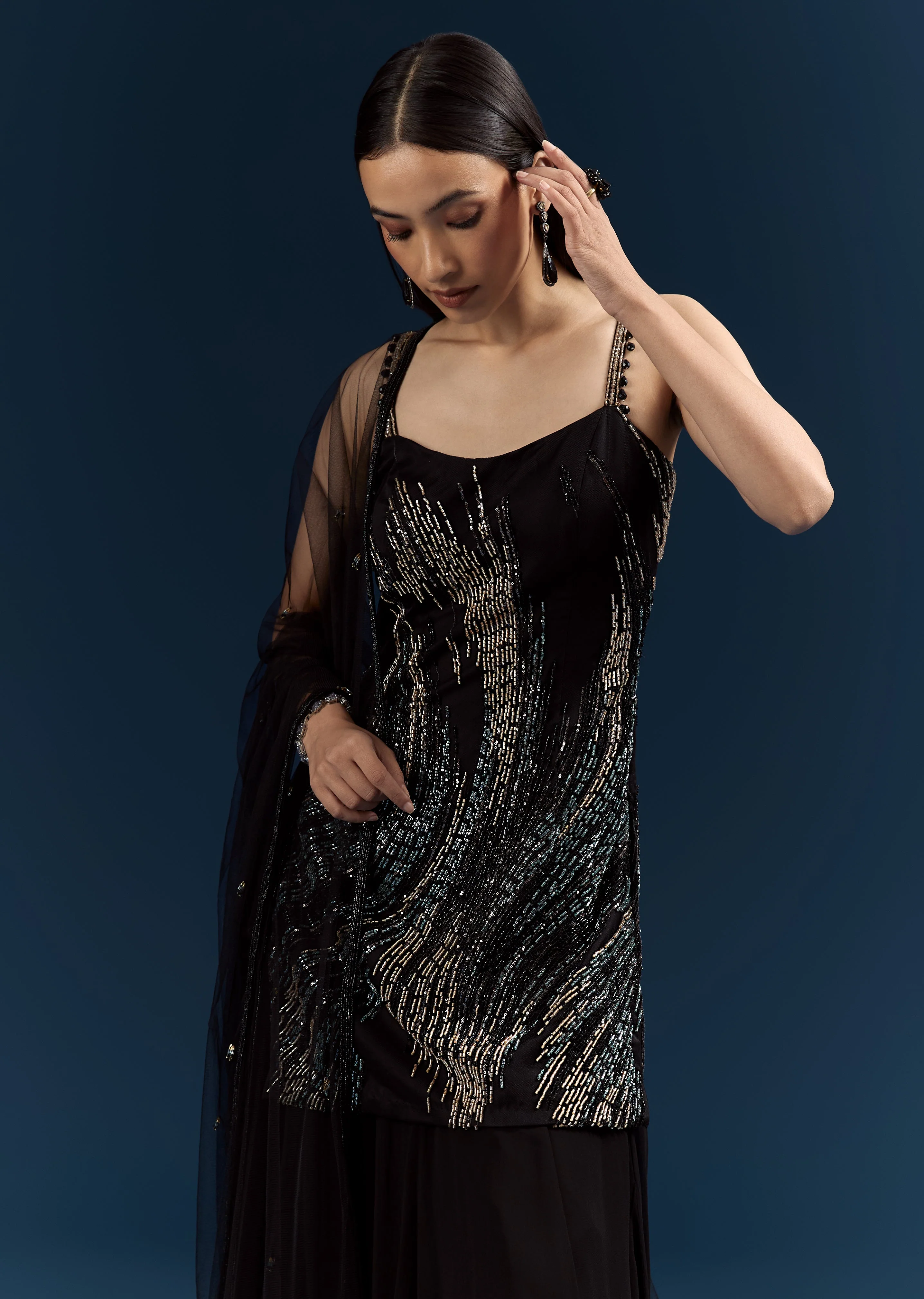 Black Tie Evening Glamour Couple Set – Black Sequins Sharara Suit with Cutdana Embroidery for Her And Black Jacquard Indo-Western Set with Embroidered Stole for Him - Image 2