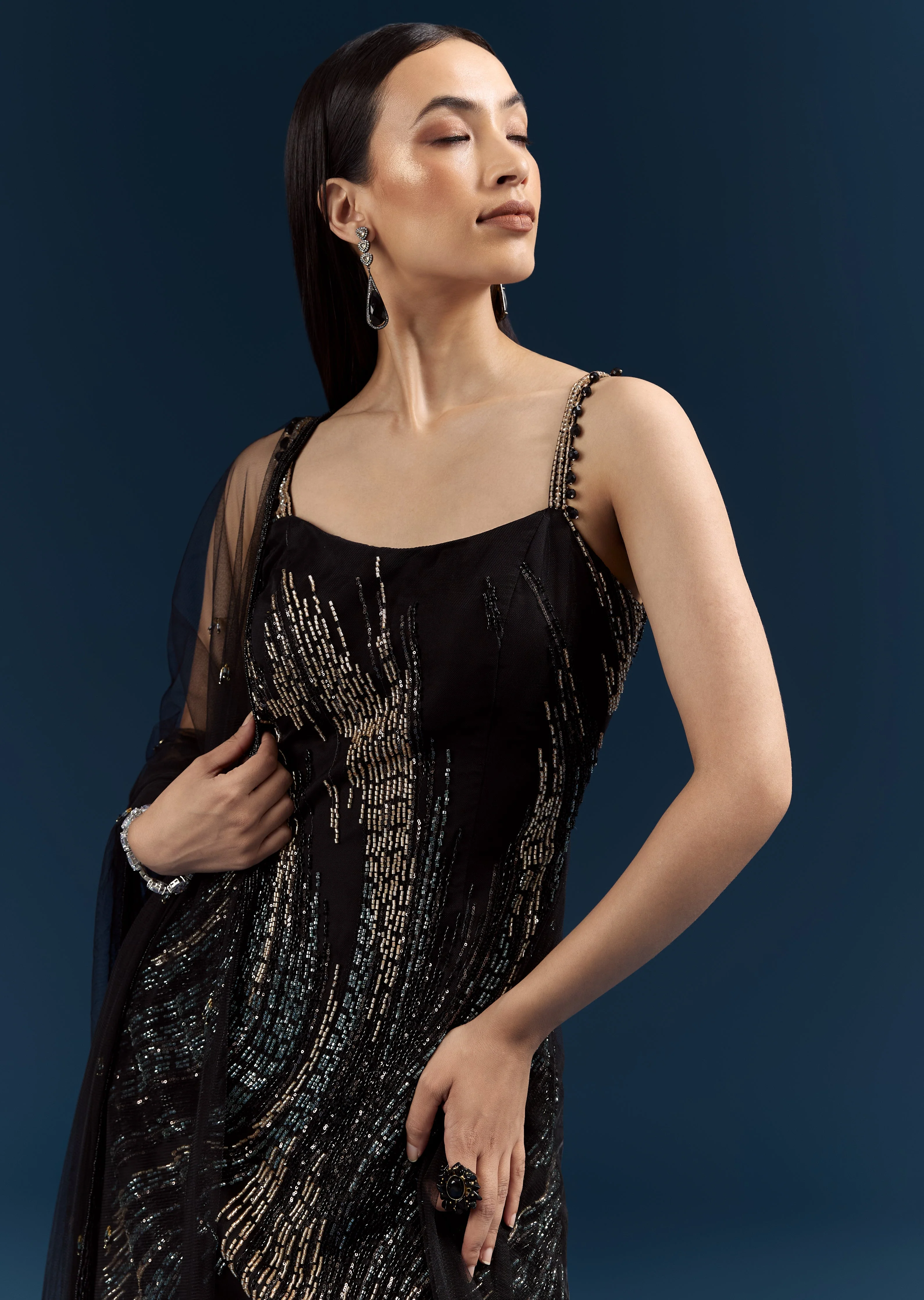 Black Tie Evening Glamour Couple Set – Black Sequins Sharara Suit with Cutdana Embroidery for Her And Black Jacquard Indo-Western Set with Embroidered Stole for Him - Image 4