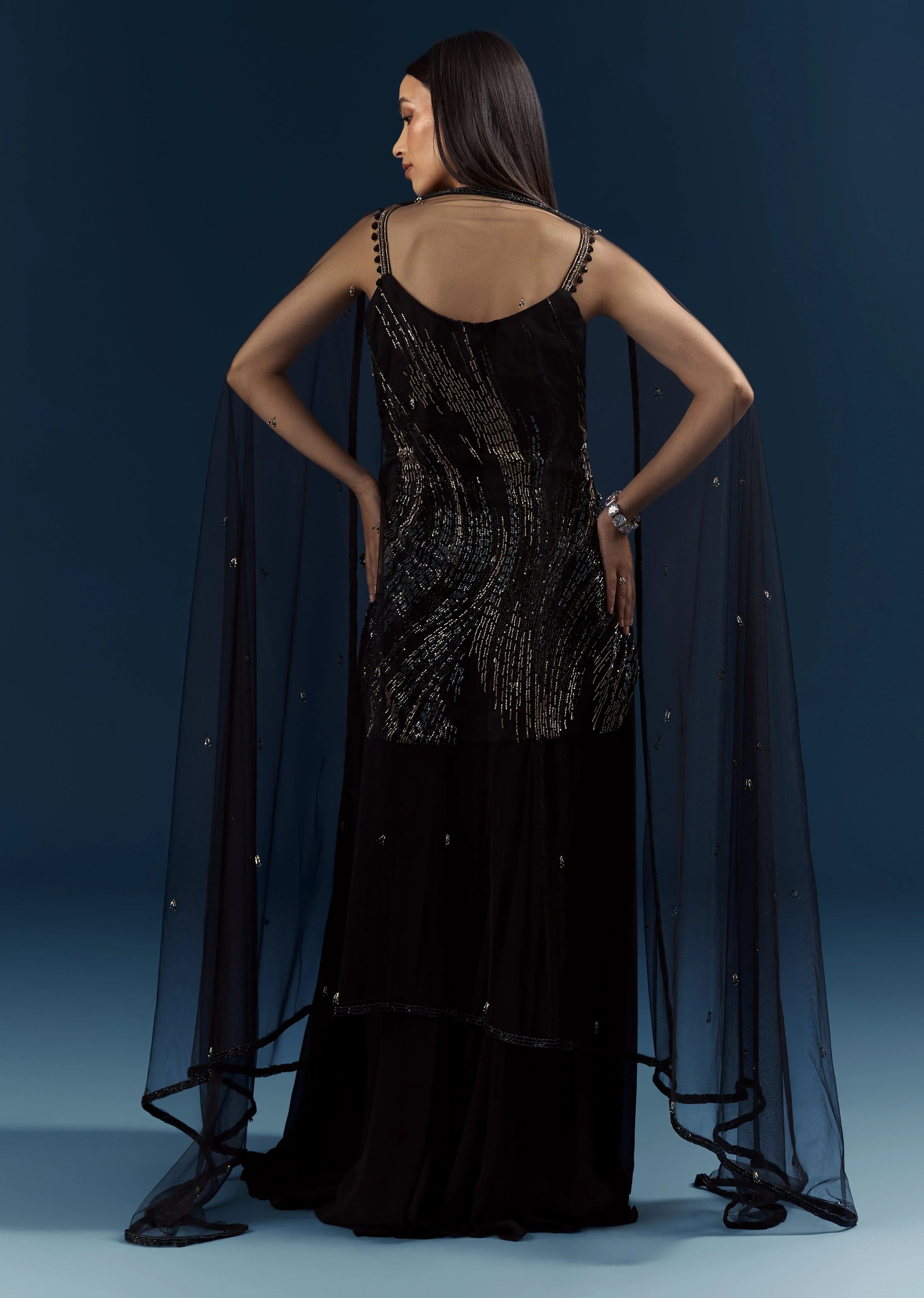 Black Tie Evening Glamour Couple Set – Black Sequins Sharara Suit with Cutdana Embroidery for Her And Black Jacquard Indo-Western Set with Embroidered Stole for Him - Image 5
