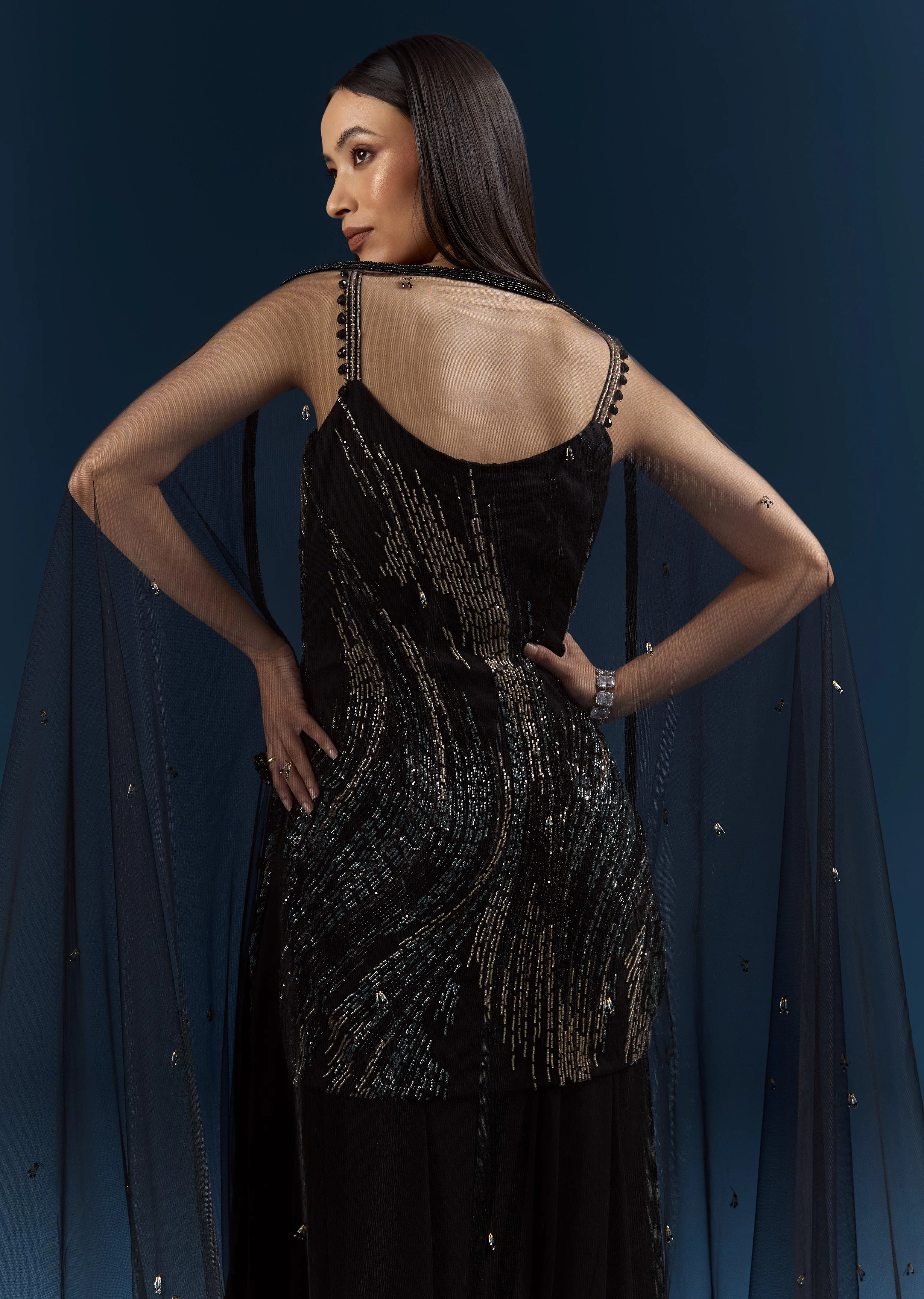 Black Tie Evening Glamour Couple Set – Black Sequins Sharara Suit with Cutdana Embroidery for Her And Black Jacquard Indo-Western Set with Embroidered Stole for Him - Image 6