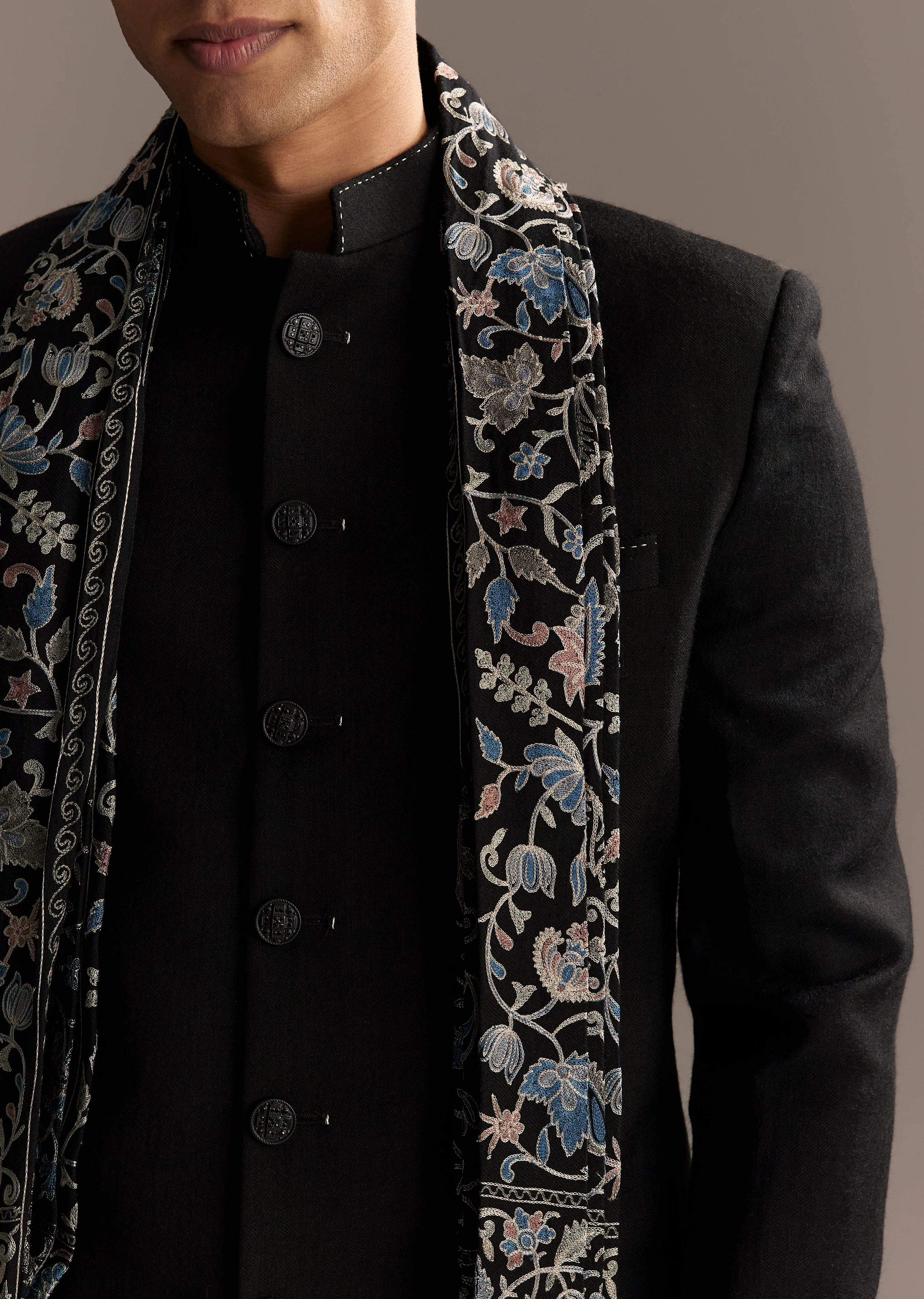 Black Tie Evening Glamour Couple Set – Black Sequins Sharara Suit with Cutdana Embroidery for Her And Black Jacquard Indo-Western Set with Embroidered Stole for Him - Image 7
