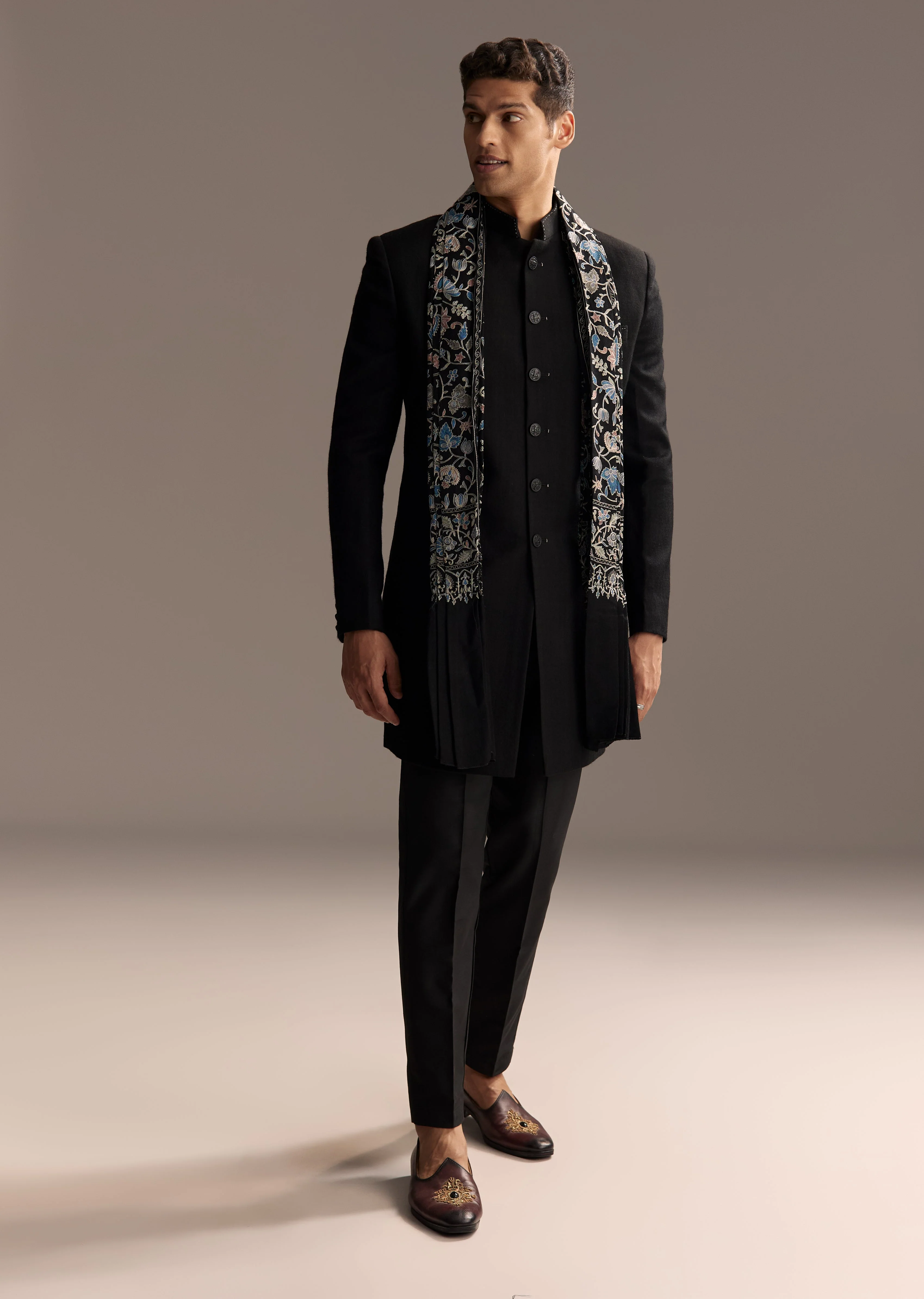 Black Tie Evening Glamour Couple Set – Black Sequins Sharara Suit with Cutdana Embroidery for Her And Black Jacquard Indo-Western Set with Embroidered Stole for Him - Image 8