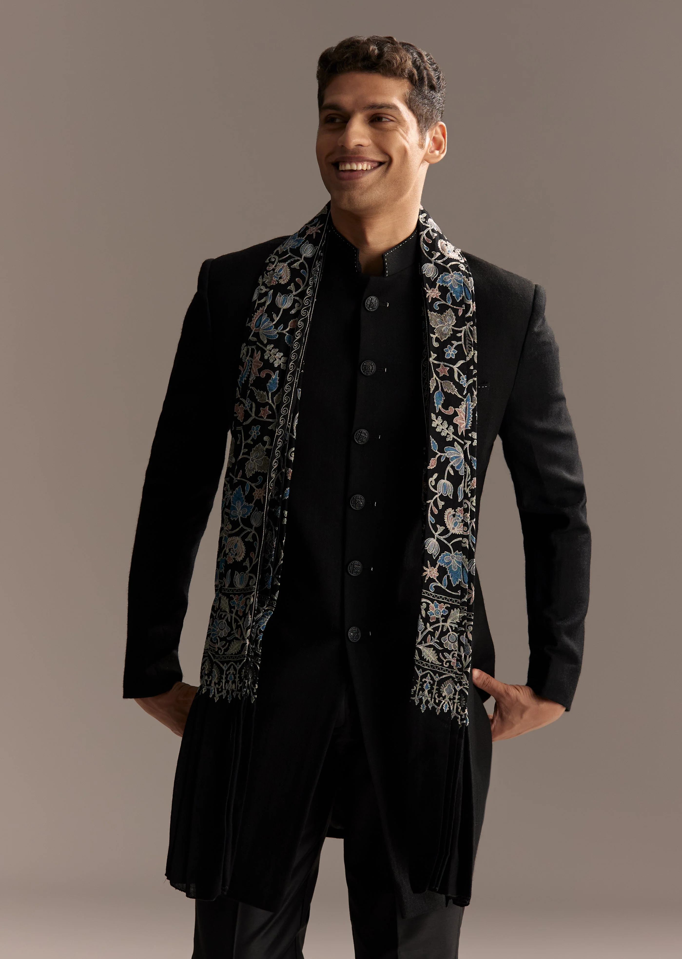 Black Tie Evening Glamour Couple Set – Black Sequins Sharara Suit with Cutdana Embroidery for Her And Black Jacquard Indo-Western Set with Embroidered Stole for Him - Image 9