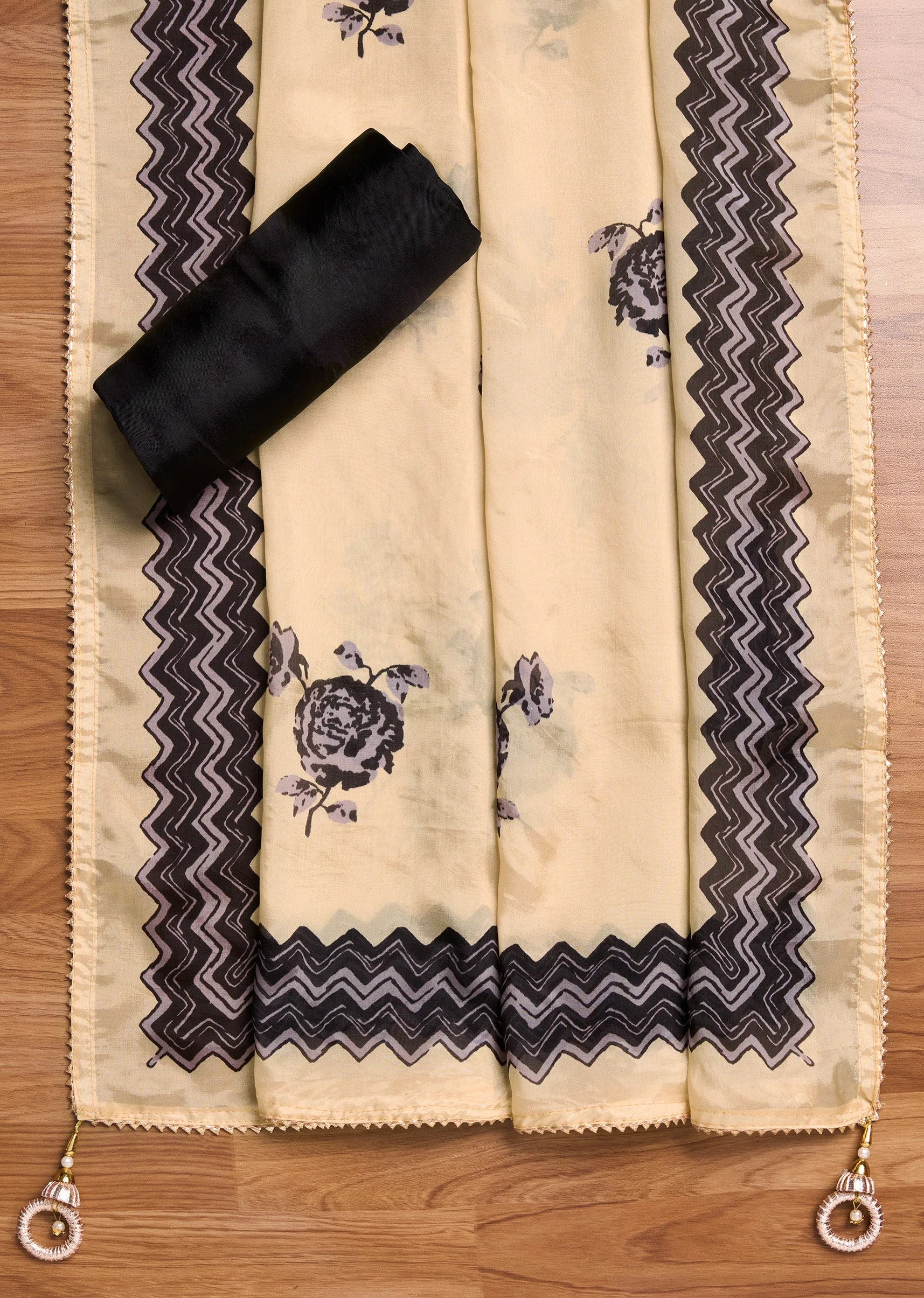 Black Tissue Printed Unstitched Suit Set - Image 5