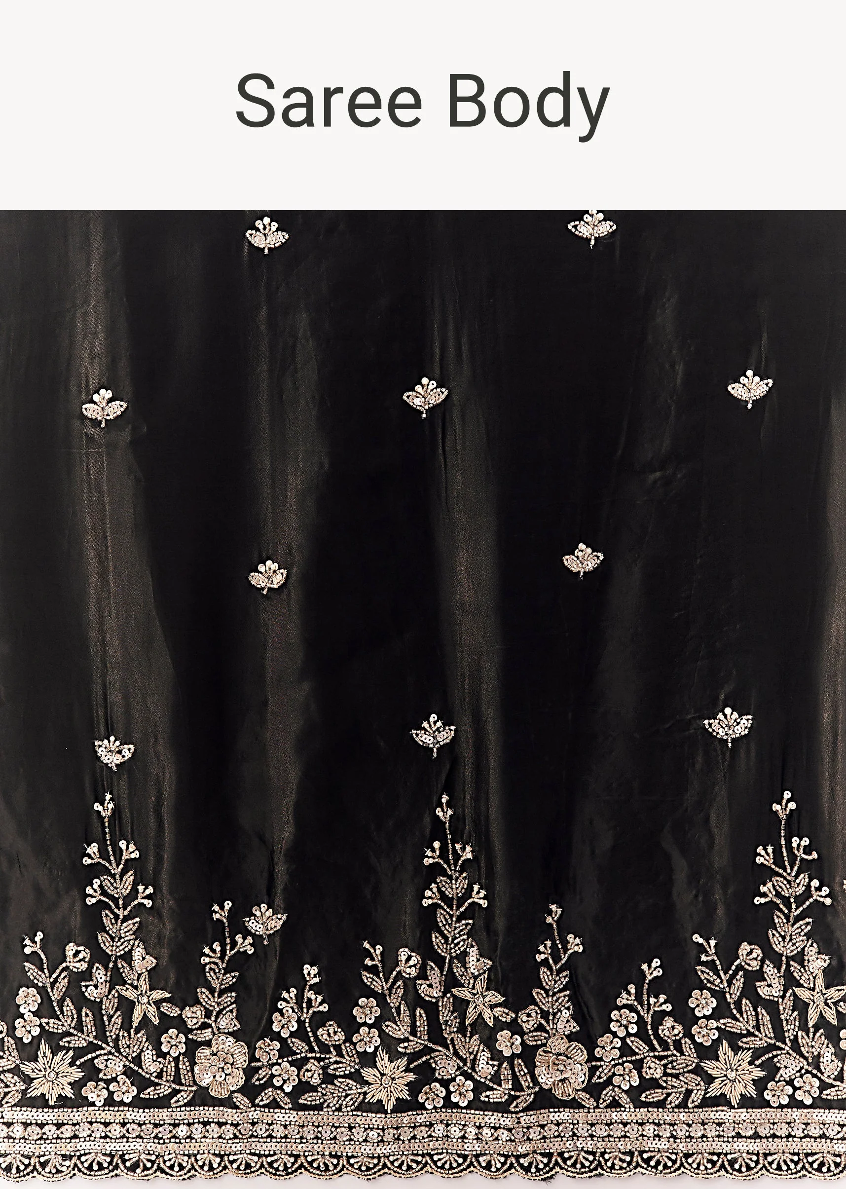 Black Tissue Silk Saree With Heavy Floral Embroidered Butti Border - Image 9
