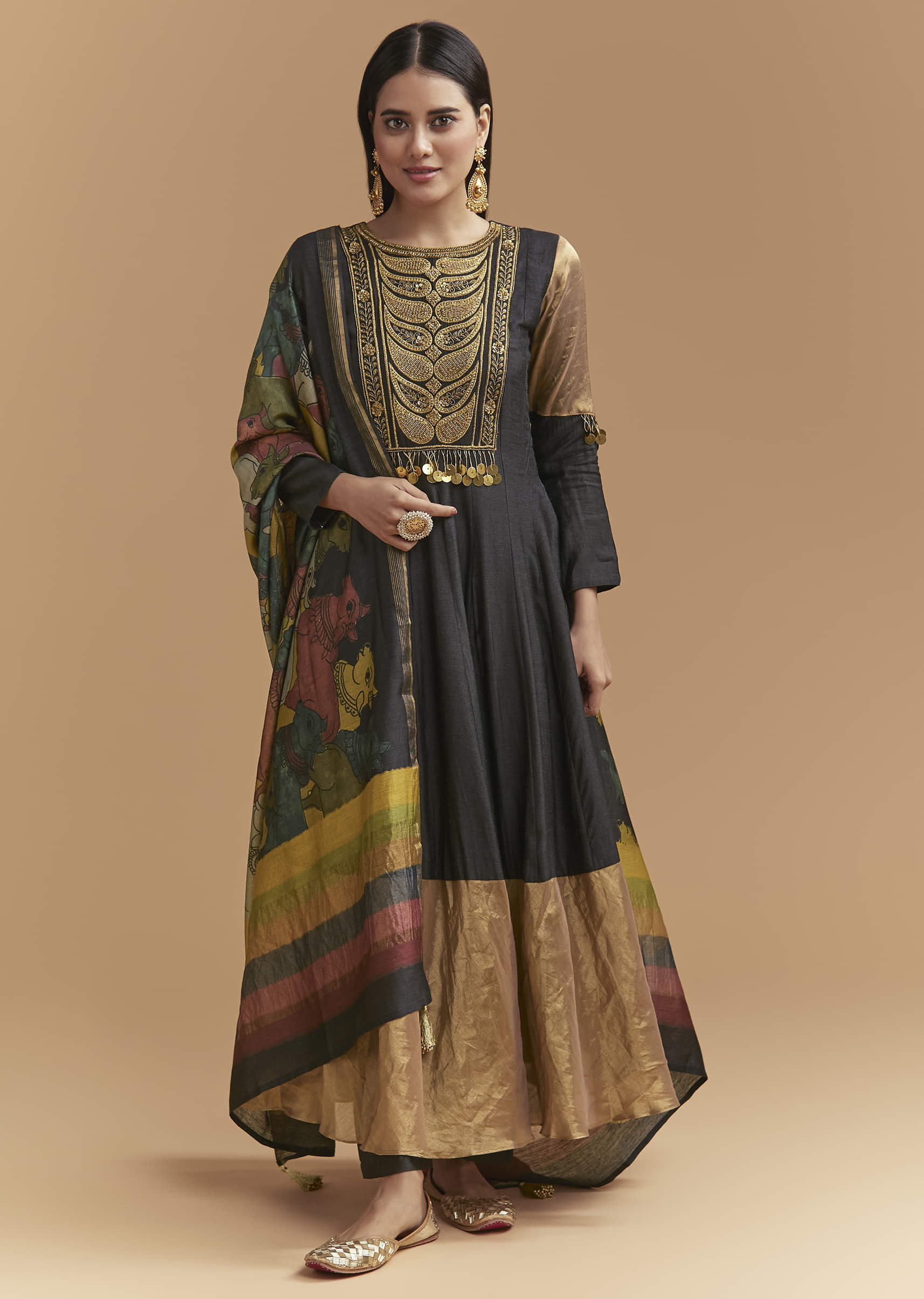 Black Tussar Anarkali Suit With Zardosi And Sequins Hand Embroidery - Image 3