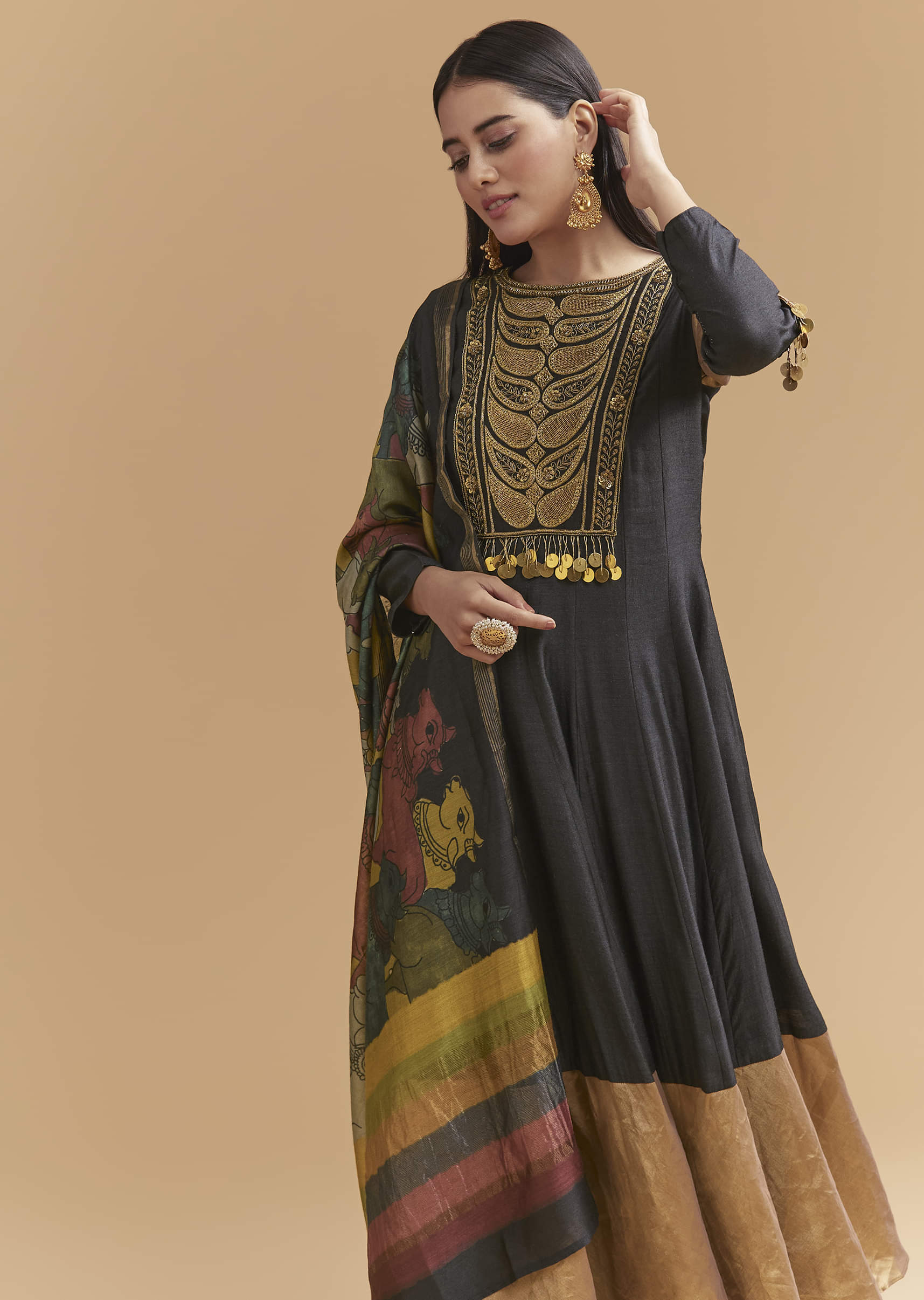 Black Tussar Anarkali Suit With Zardosi And Sequins Hand Embroidery - Image 4