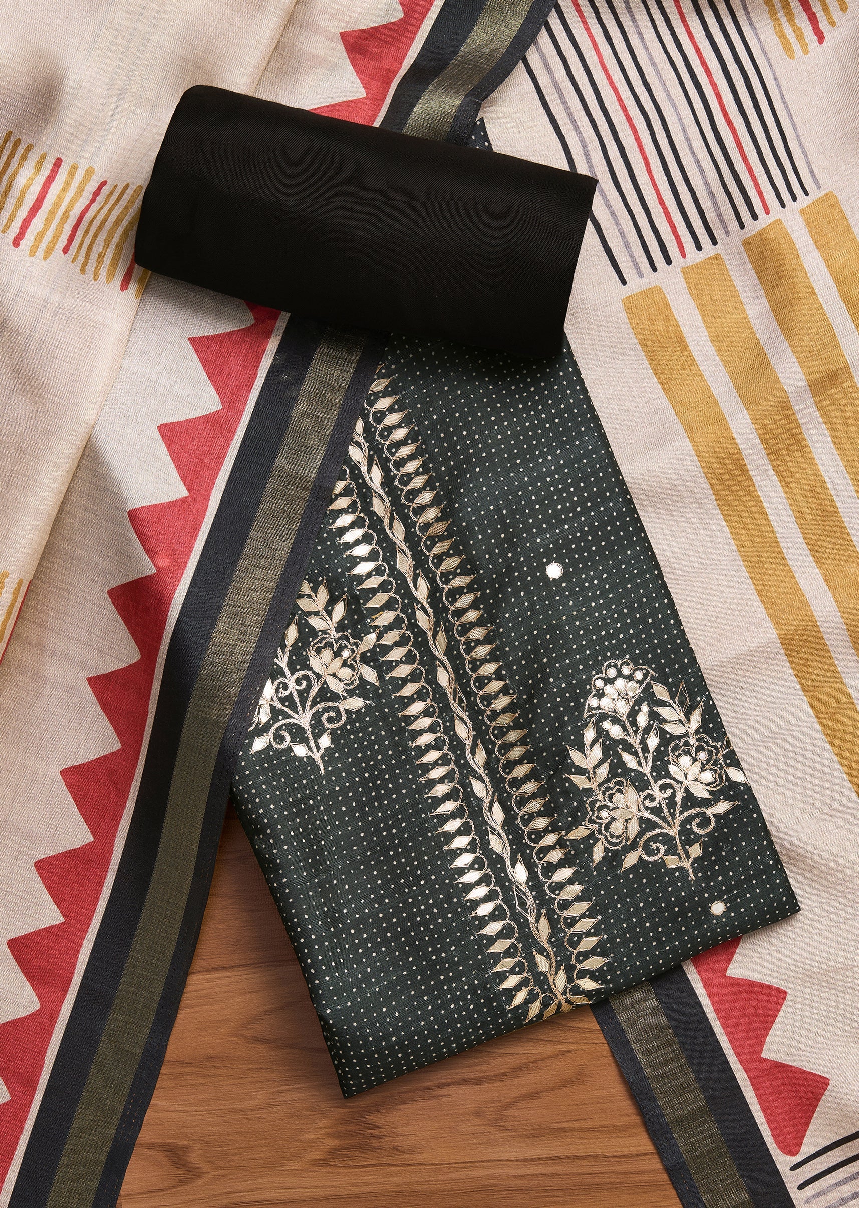 Black Tussar Printed Unstitched Suit With Dupatta and Bottom Fabric