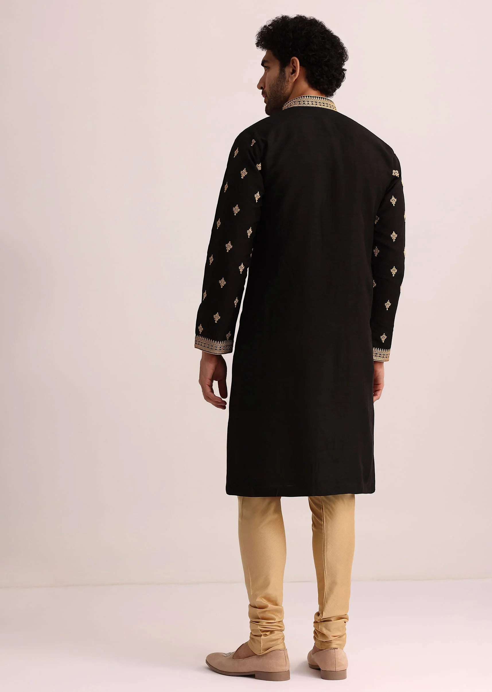 Black Tussar Silk Kurta Set With Thread Work - Image 2