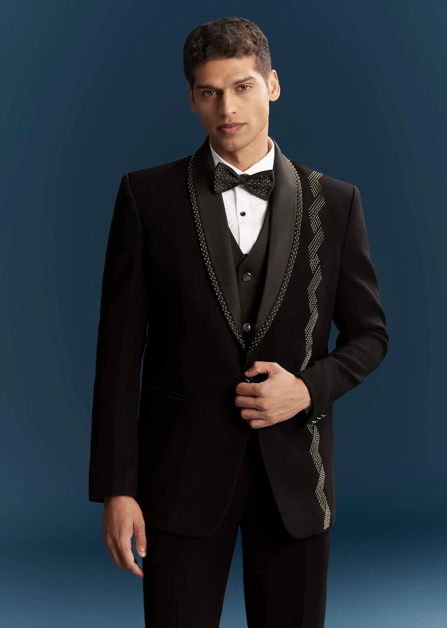Black Tuxedo For Men With Cutdana Embroidery - Image 4