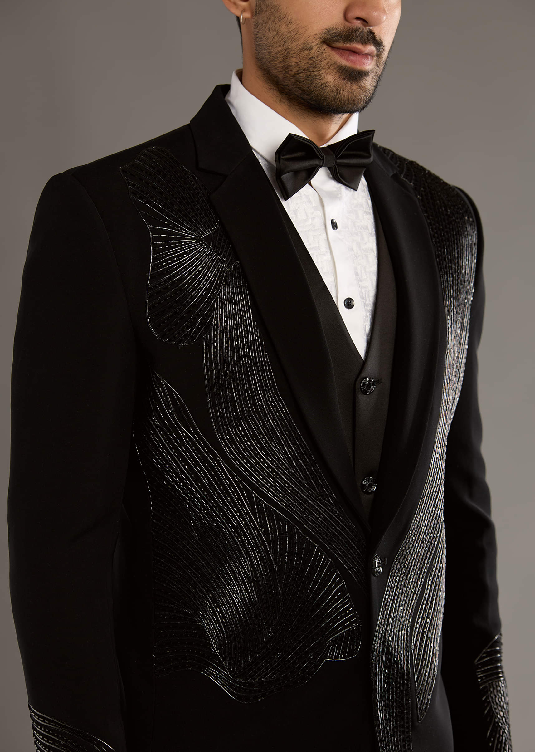 Black Tuxedo For Men With Leather And Dori Work - Image 2