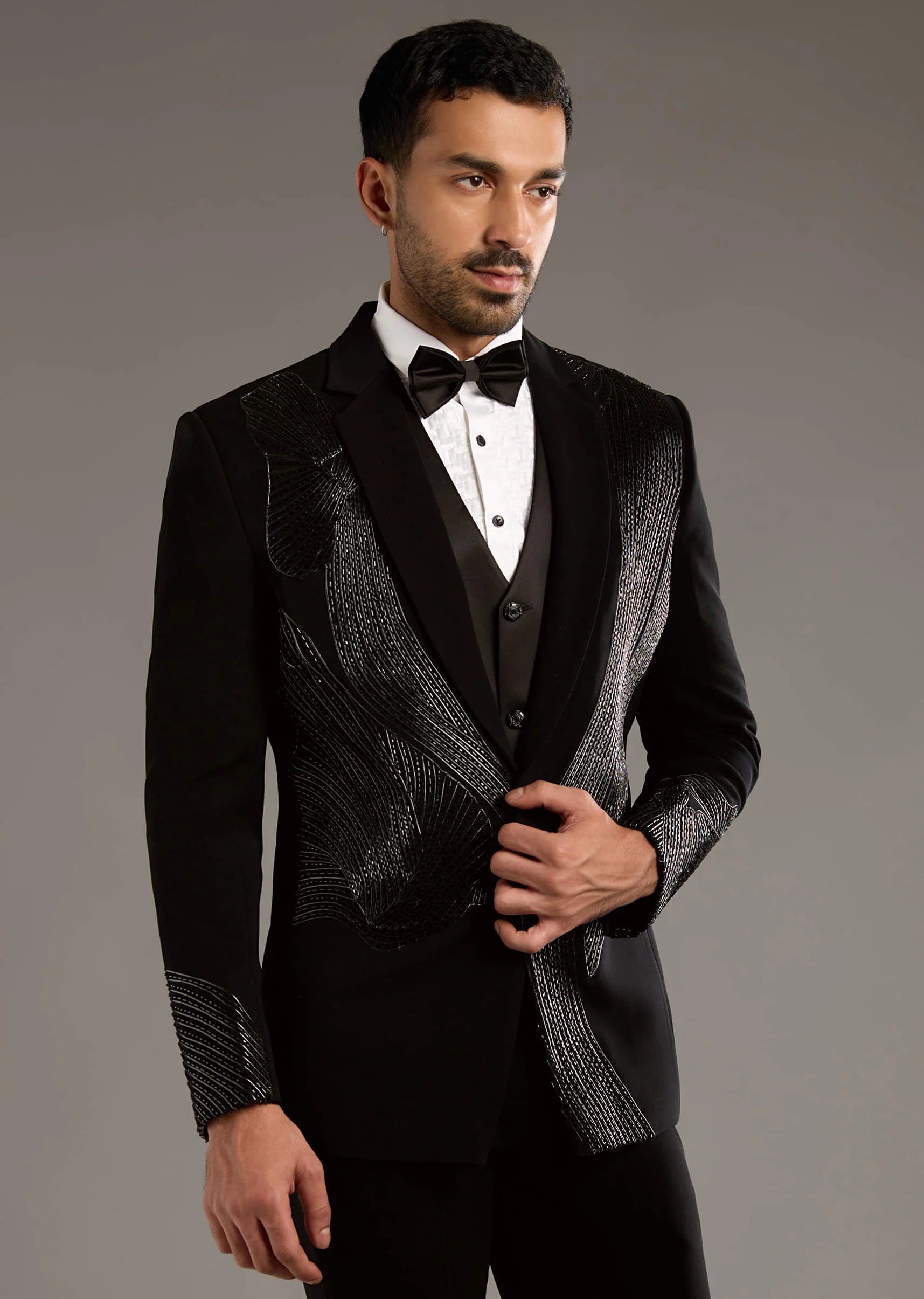 Black Tuxedo For Men With Leather And Dori Work - Image 4