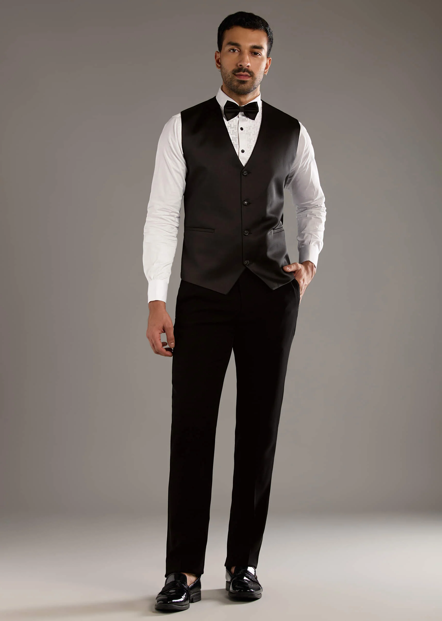 Black Tuxedo For Men With Leather And Dori Work - Image 6