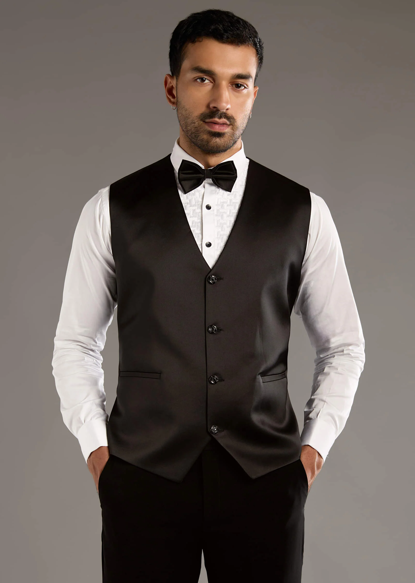 Black Tuxedo For Men With Leather And Dori Work - Image 7