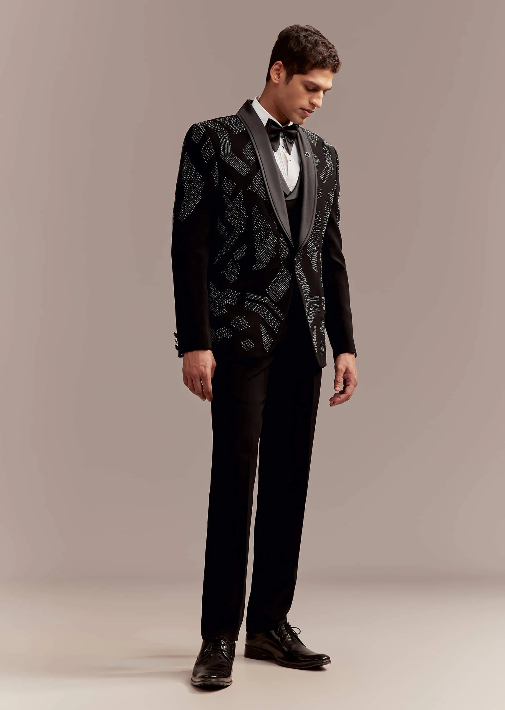 Black Tuxedo For Men With Modern Geometric Beadwork - Image 10