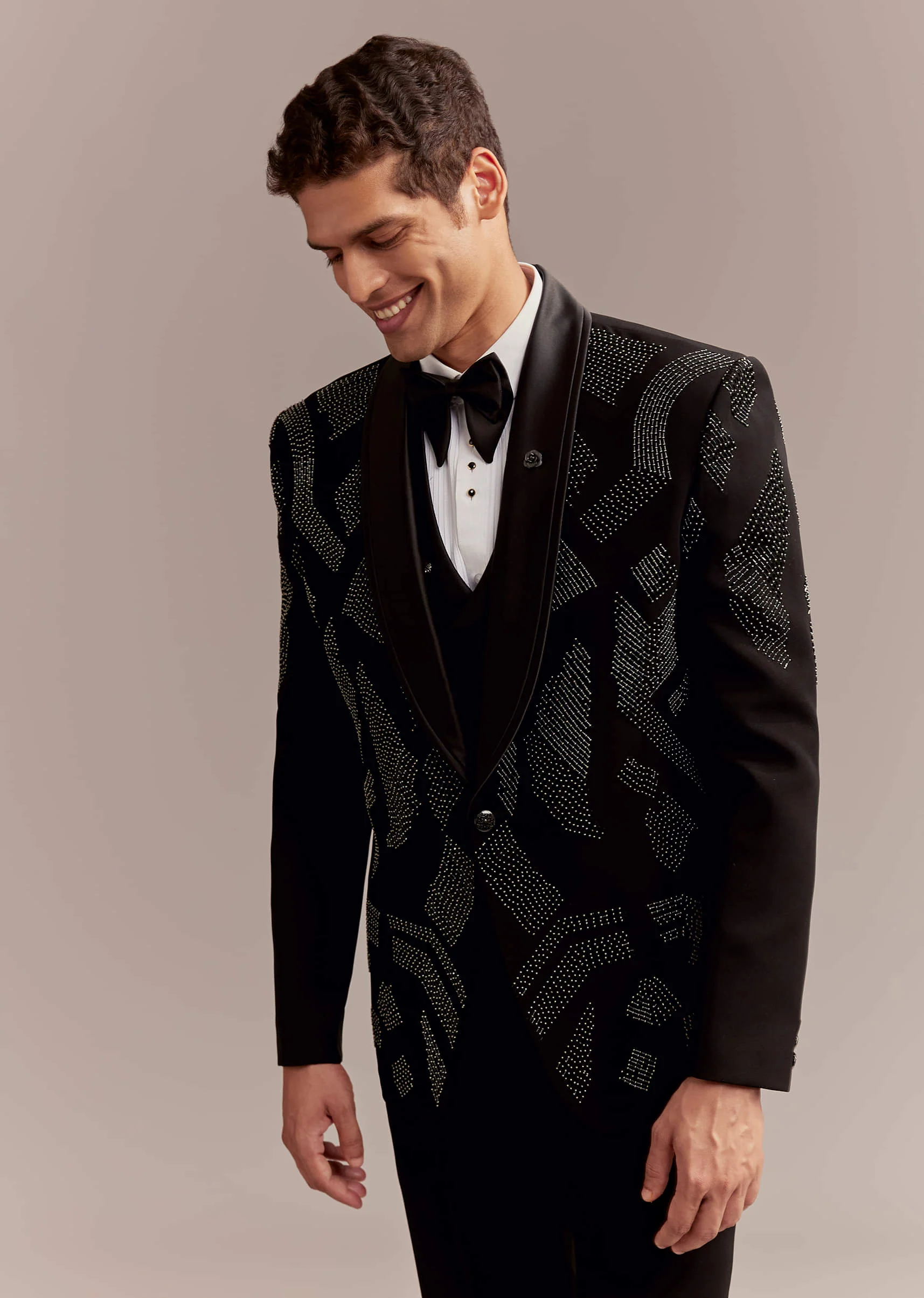 Black Tuxedo For Men With Modern Geometric Beadwork - Image 5