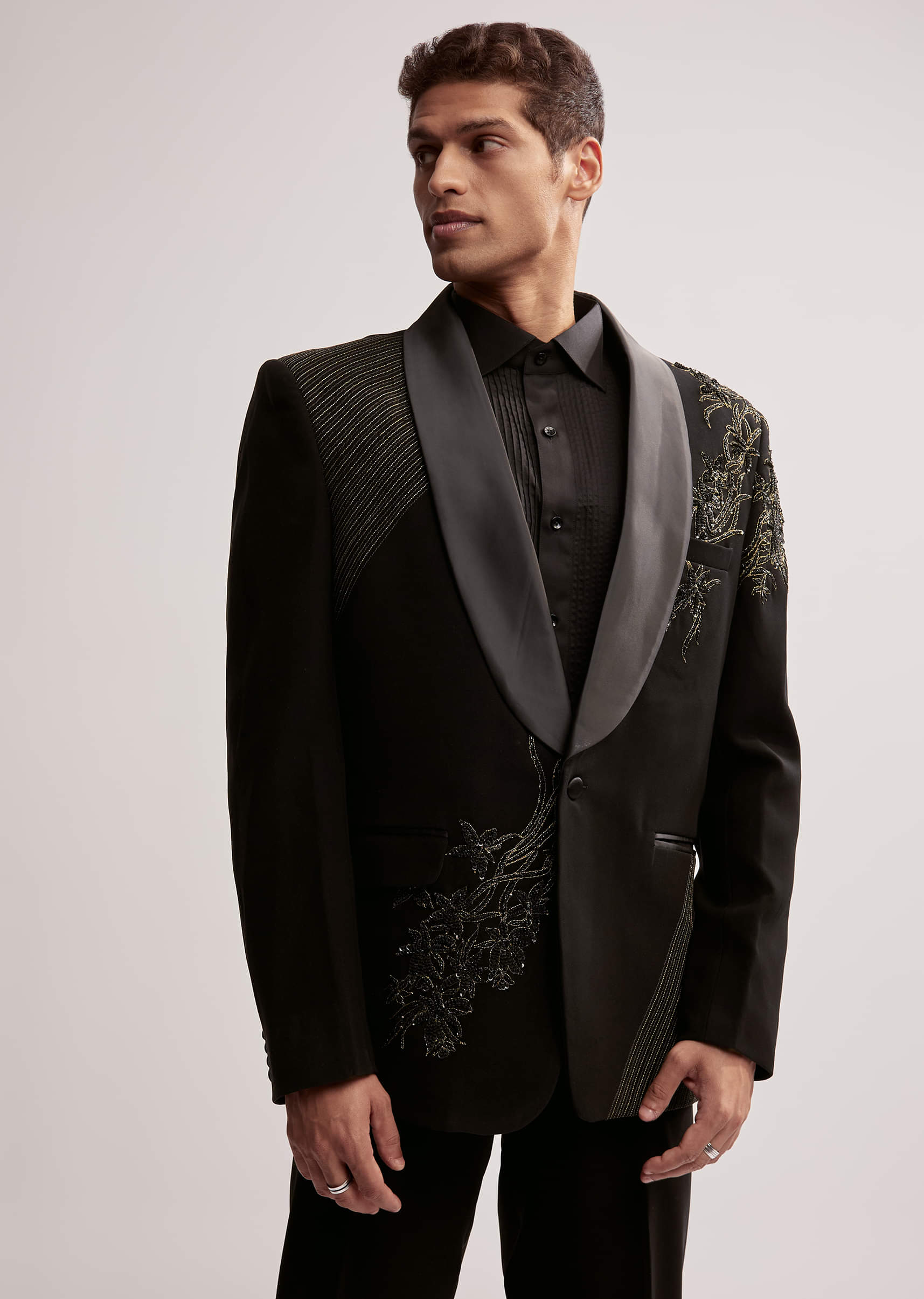 Black Tuxedo For Men With Resham Work - Image 2
