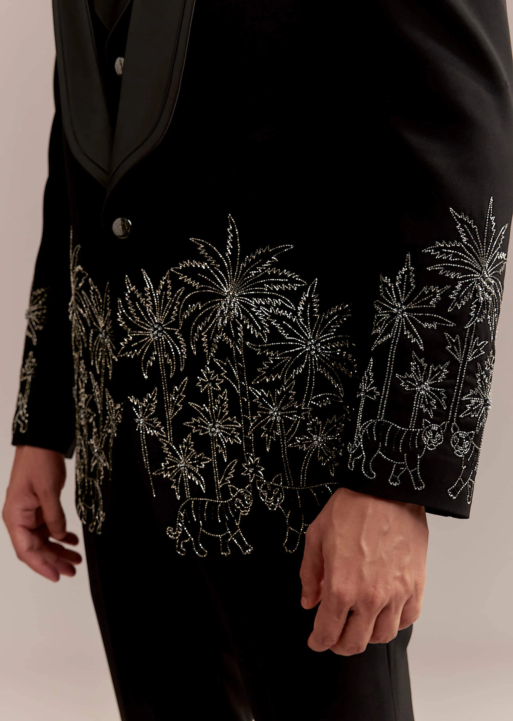 Black Tuxedo For Men With Silver Palm And Tiger Embroidery - Image 2
