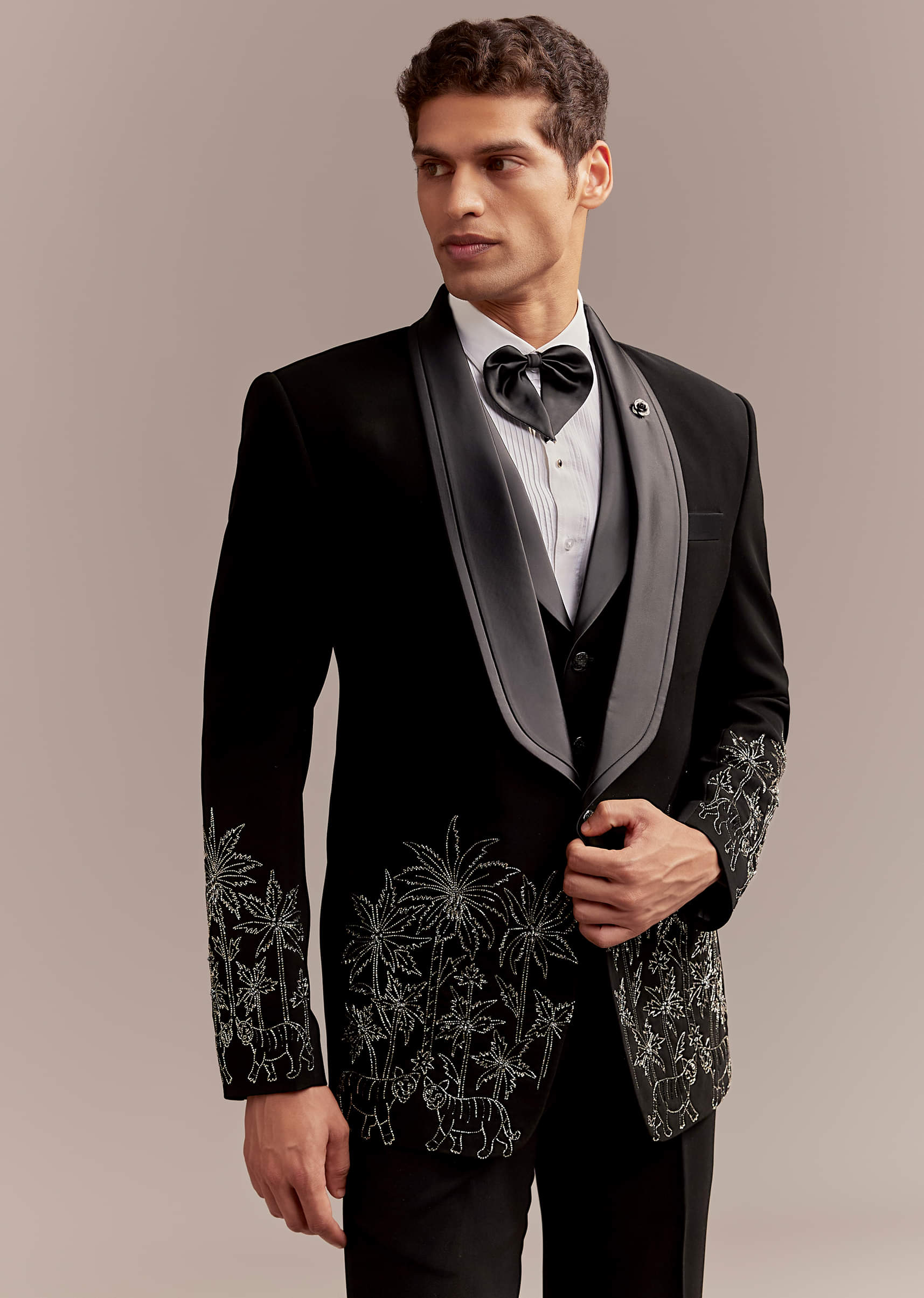 Black Tuxedo For Men With Silver Palm And Tiger Embroidery - Image 5