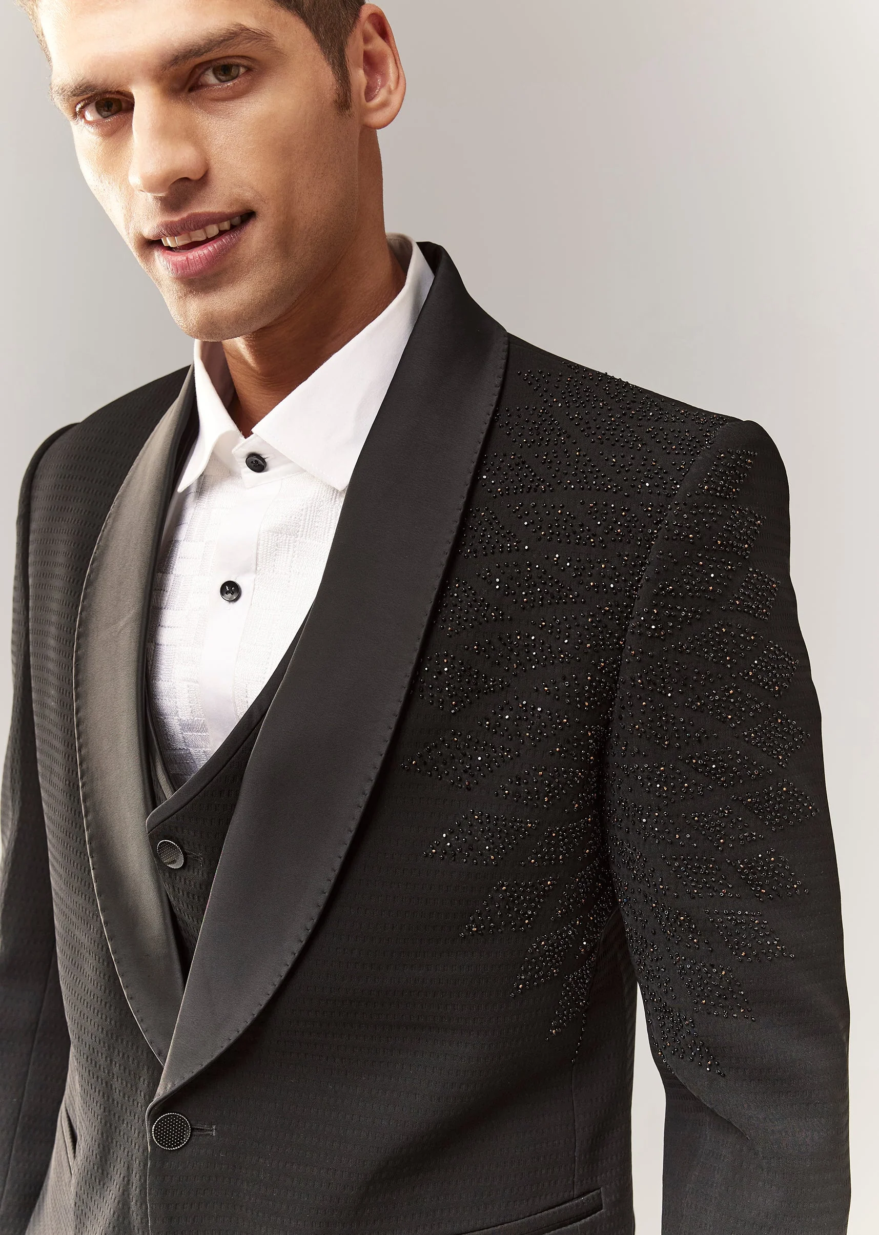 Black Tuxedo Set With Waistcoat And Bead Detailing