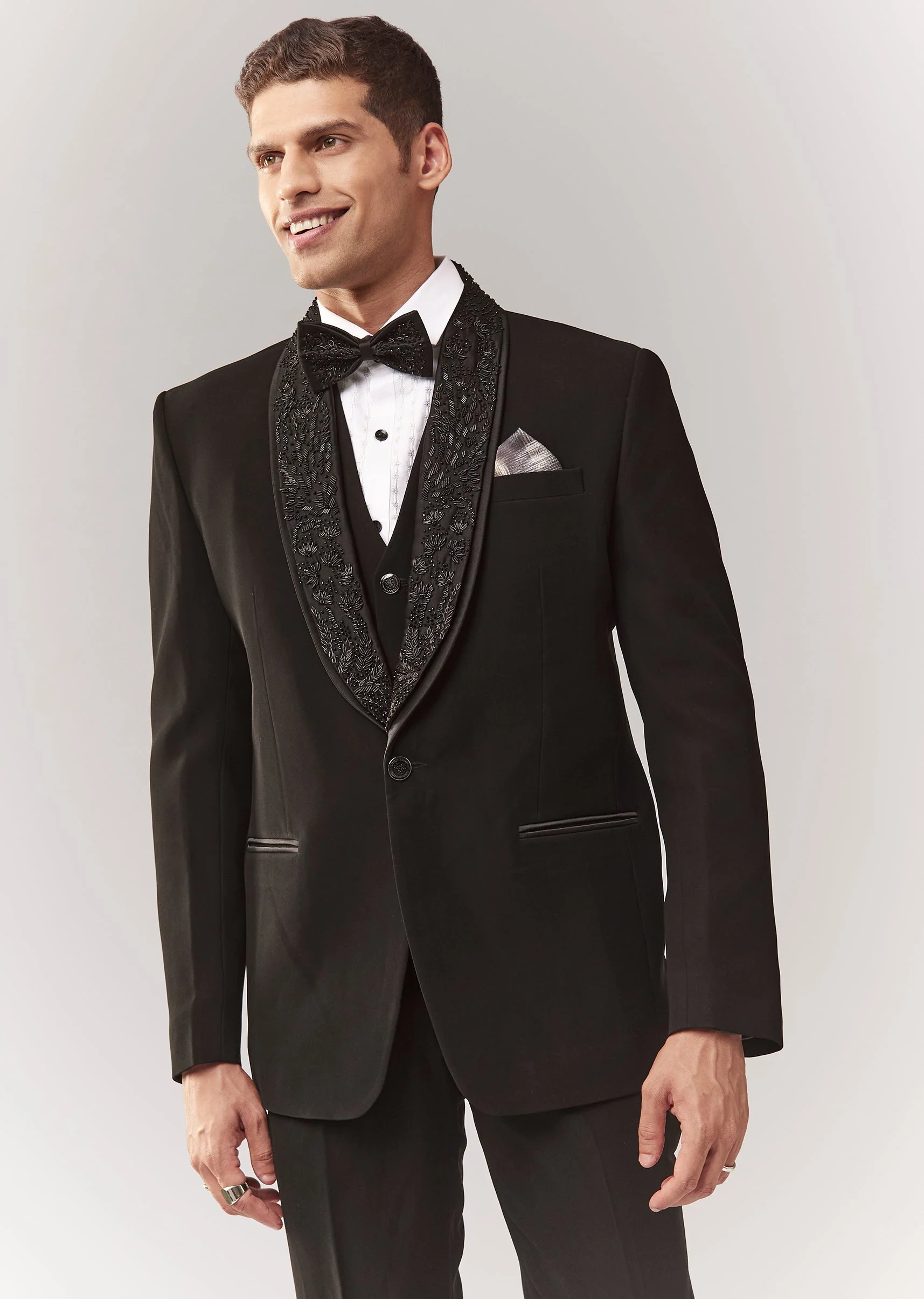 Black Tuxedo Set With Waistcoat And Cutdana Work - Image 3