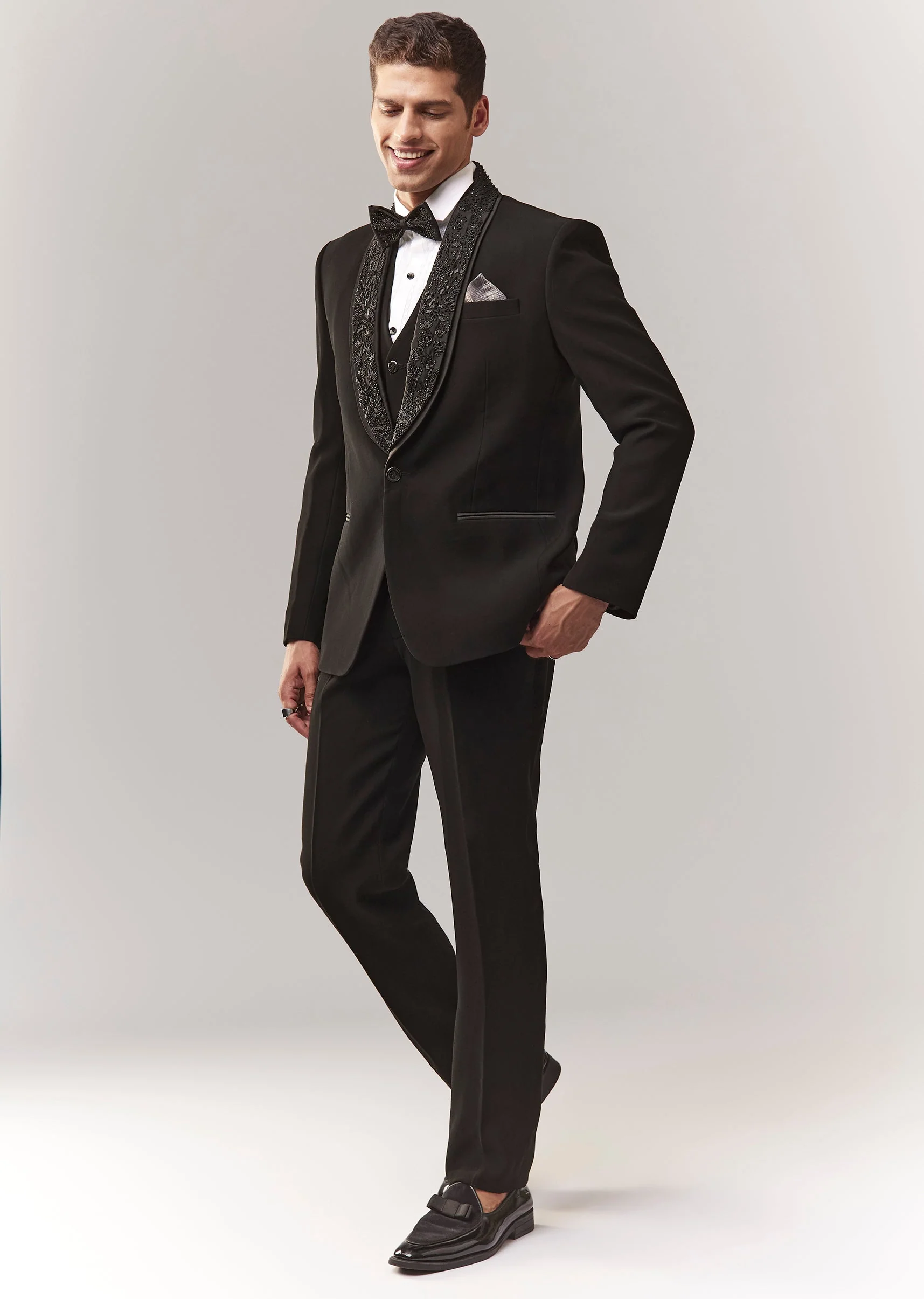 Black Tuxedo Set With Waistcoat And Cutdana Work - Image 4