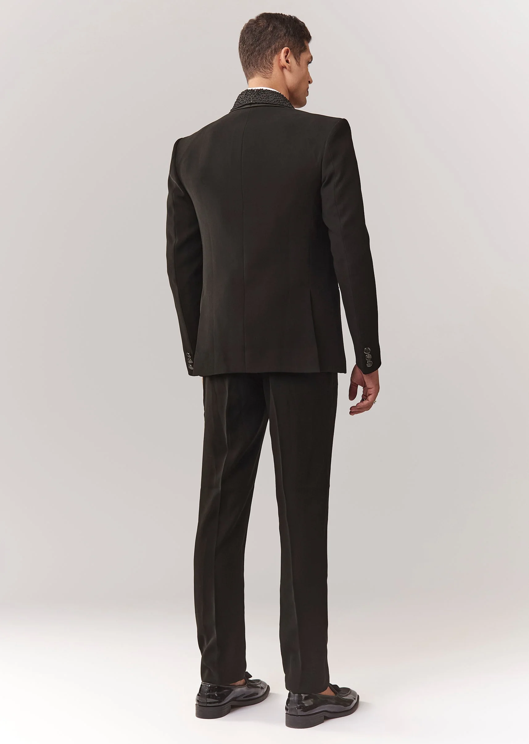 Black Tuxedo Set With Waistcoat And Cutdana Work - Image 5