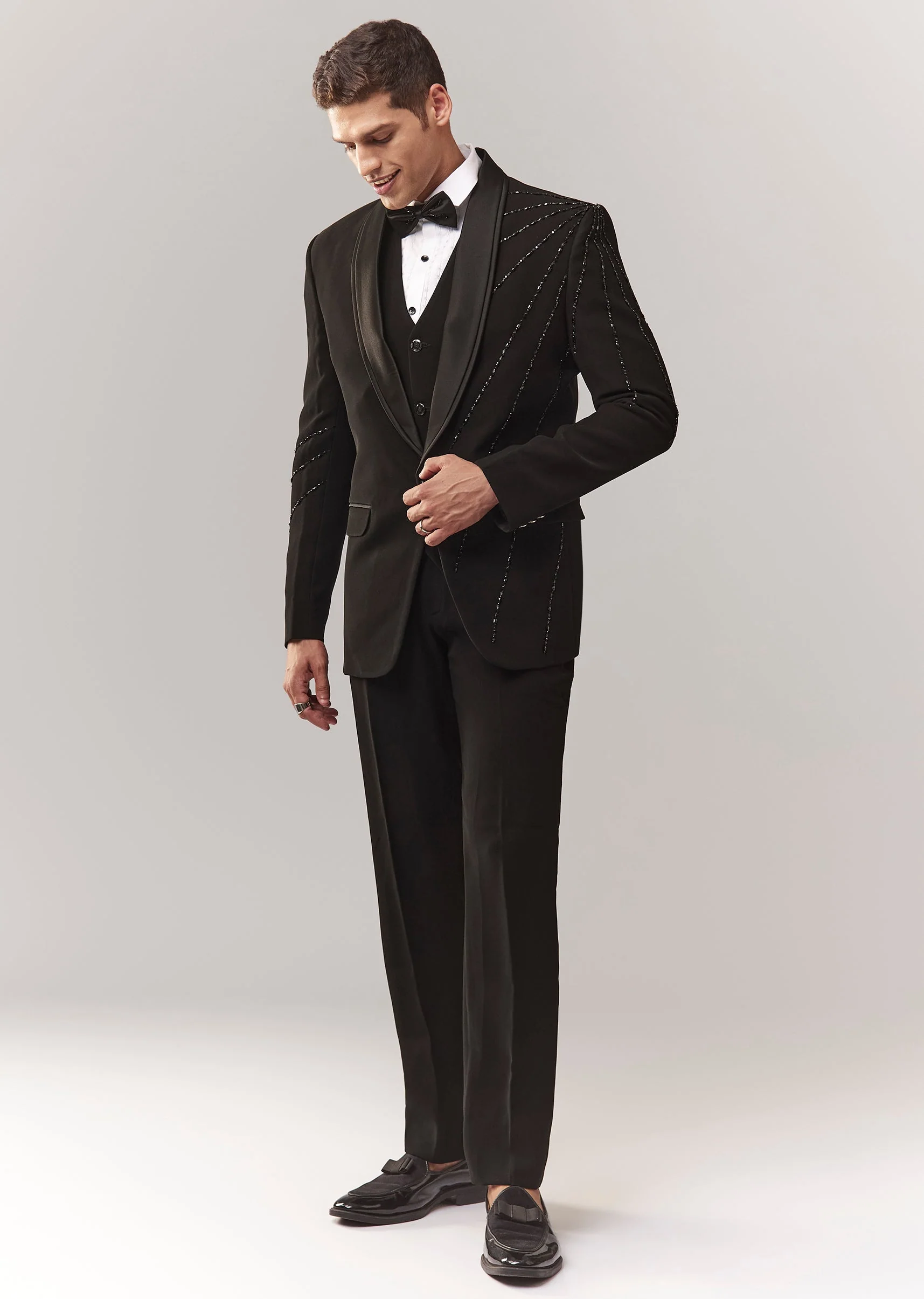 Black Tuxedo Set With Waistcoat Cutdana And Stone Work