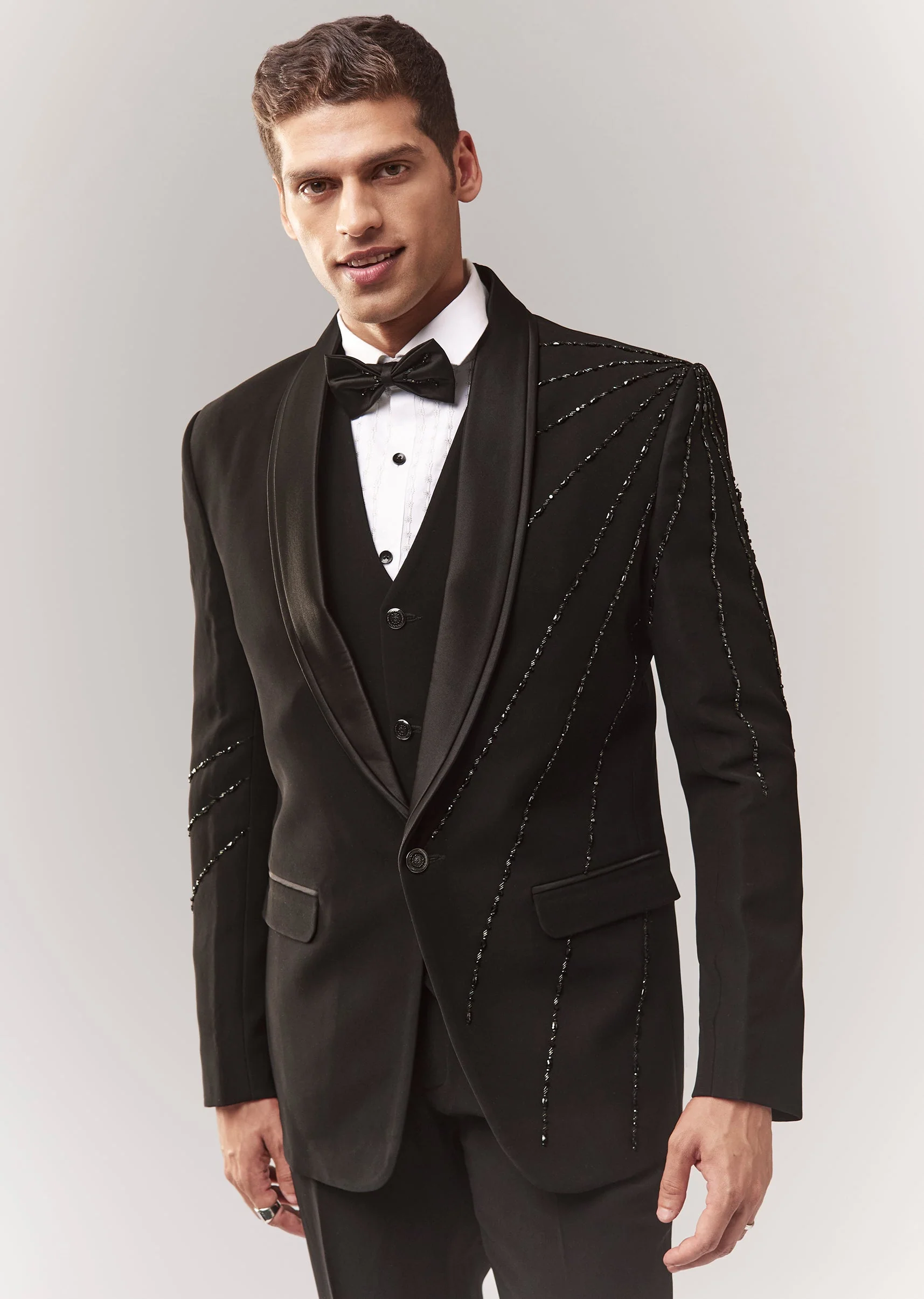 Black Tuxedo Set With Waistcoat Cutdana And Stone Work - Image 4