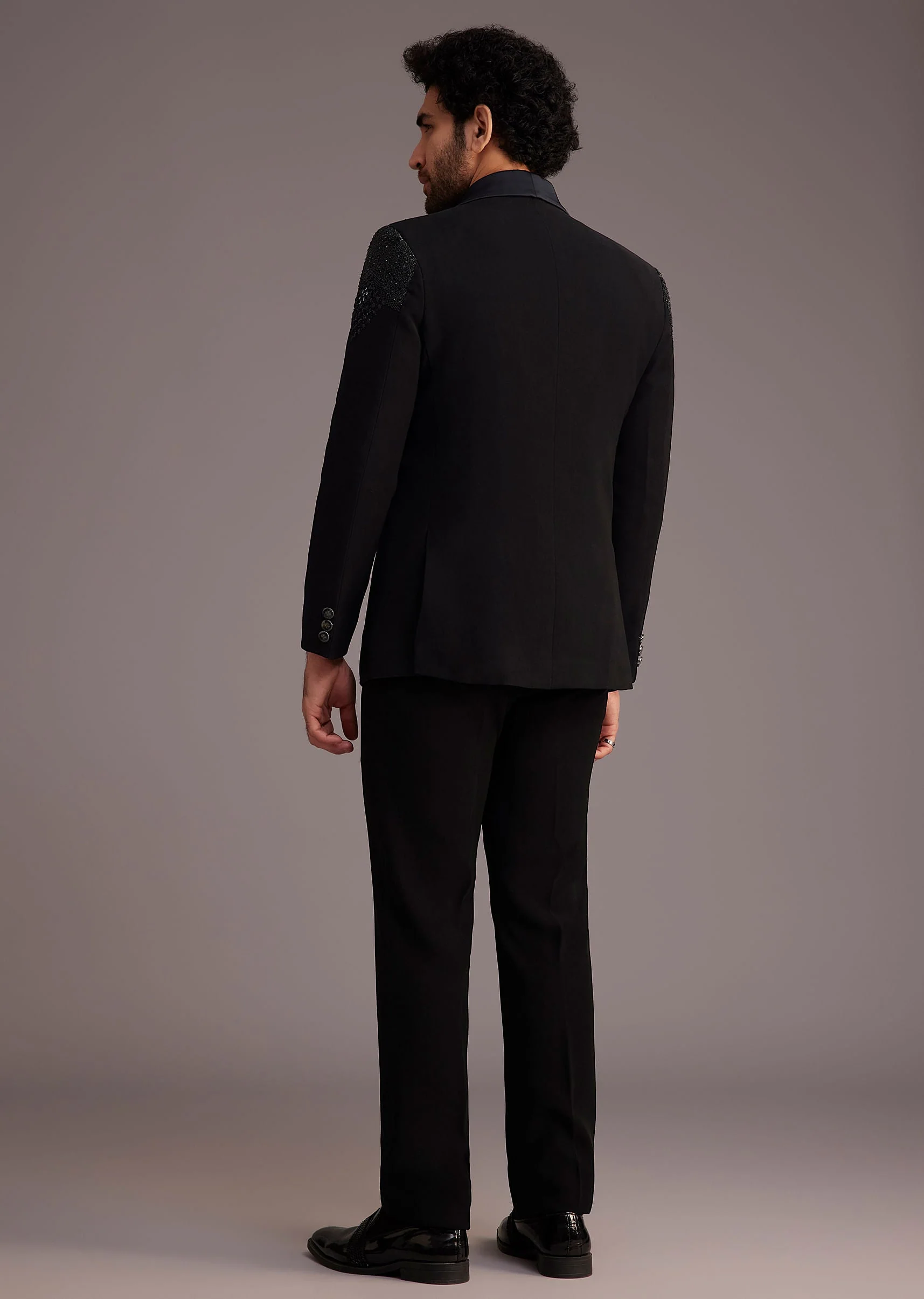 Black Tuxedo With Beaded Shoulder Detailing And Satin Lapel - Image 5
