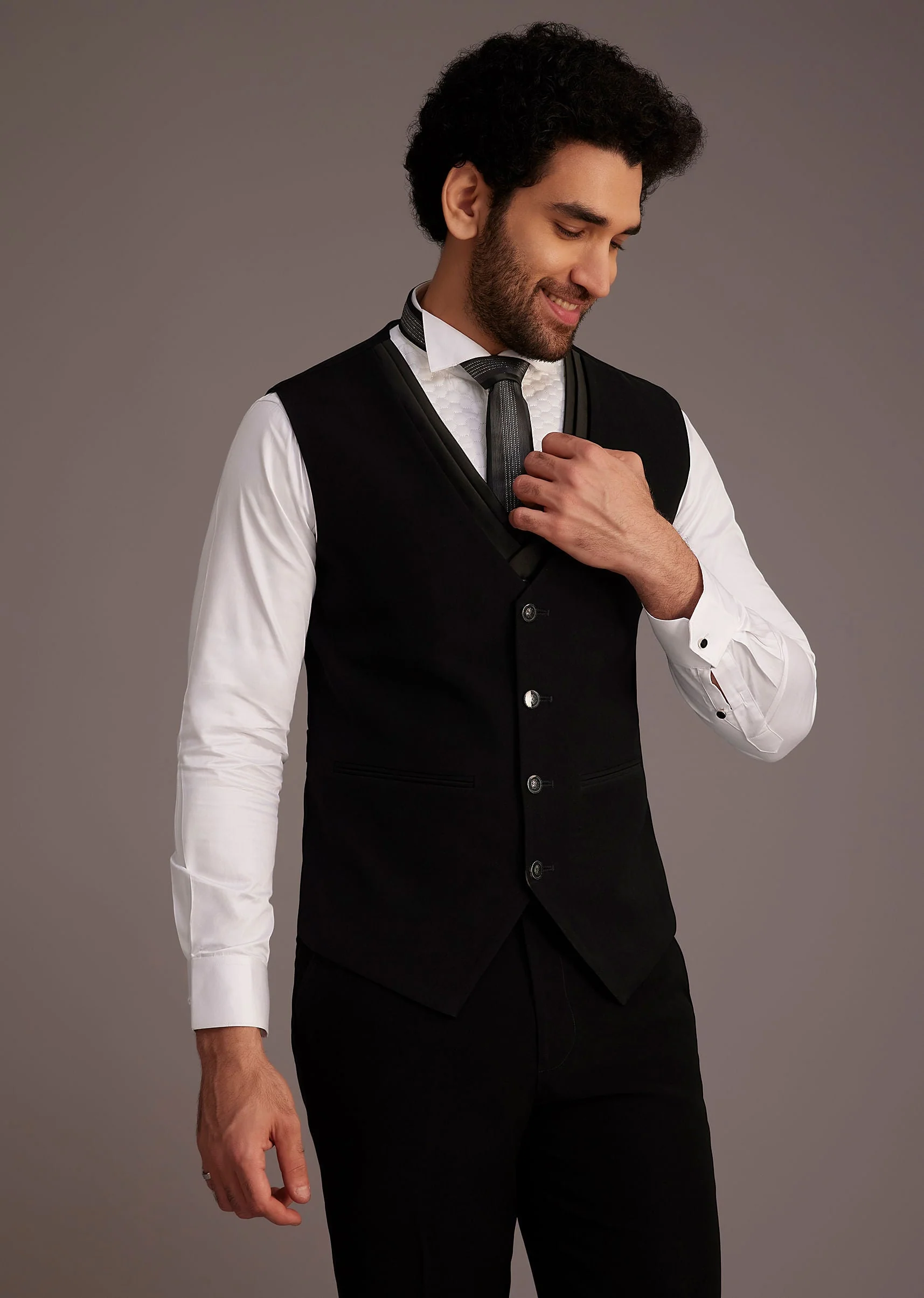 Black Tuxedo With Beaded Shoulder Detailing And Satin Lapel - Image 6