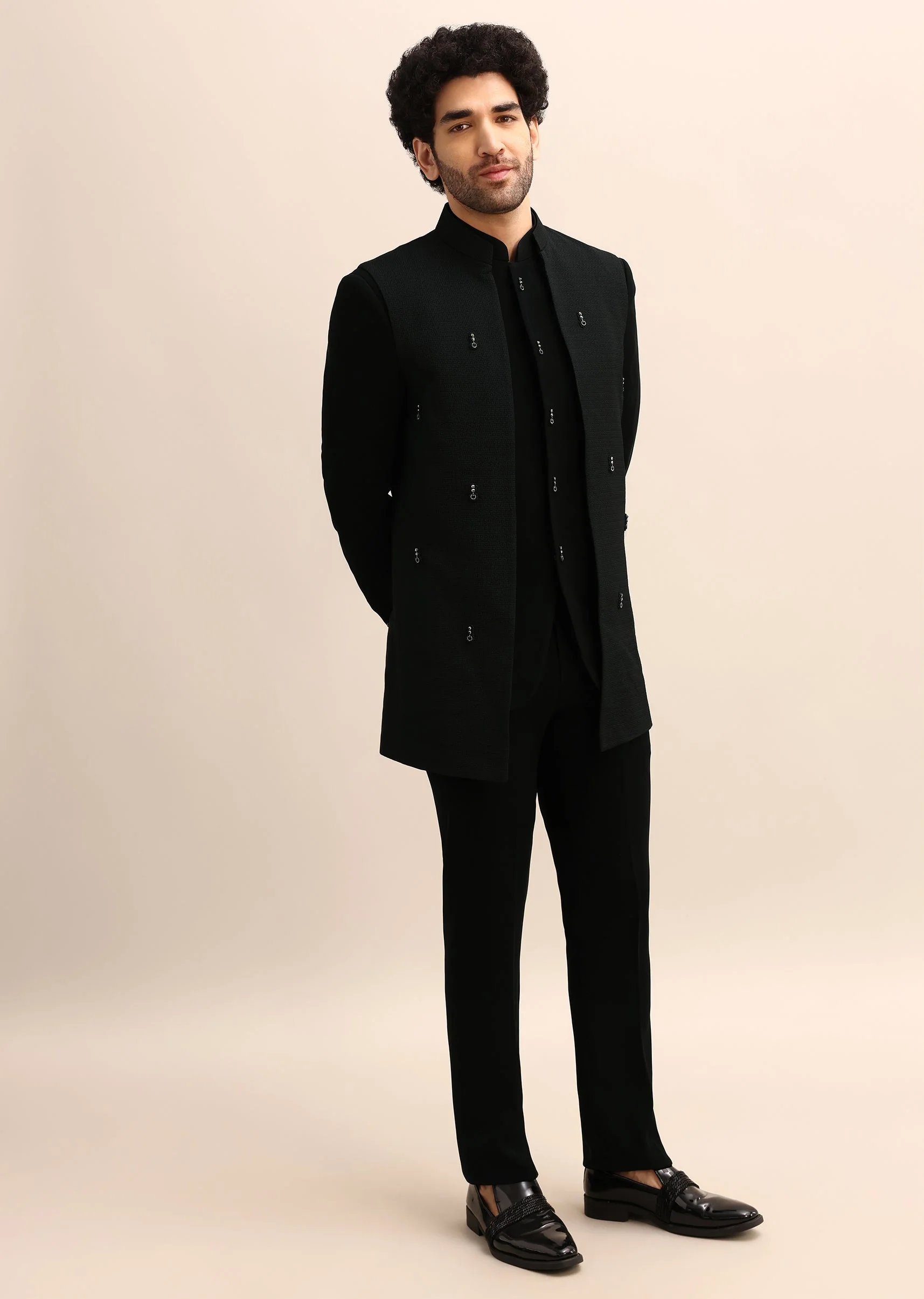 Black Velvet 3 Pc Jodhpuri Suit - Image 2