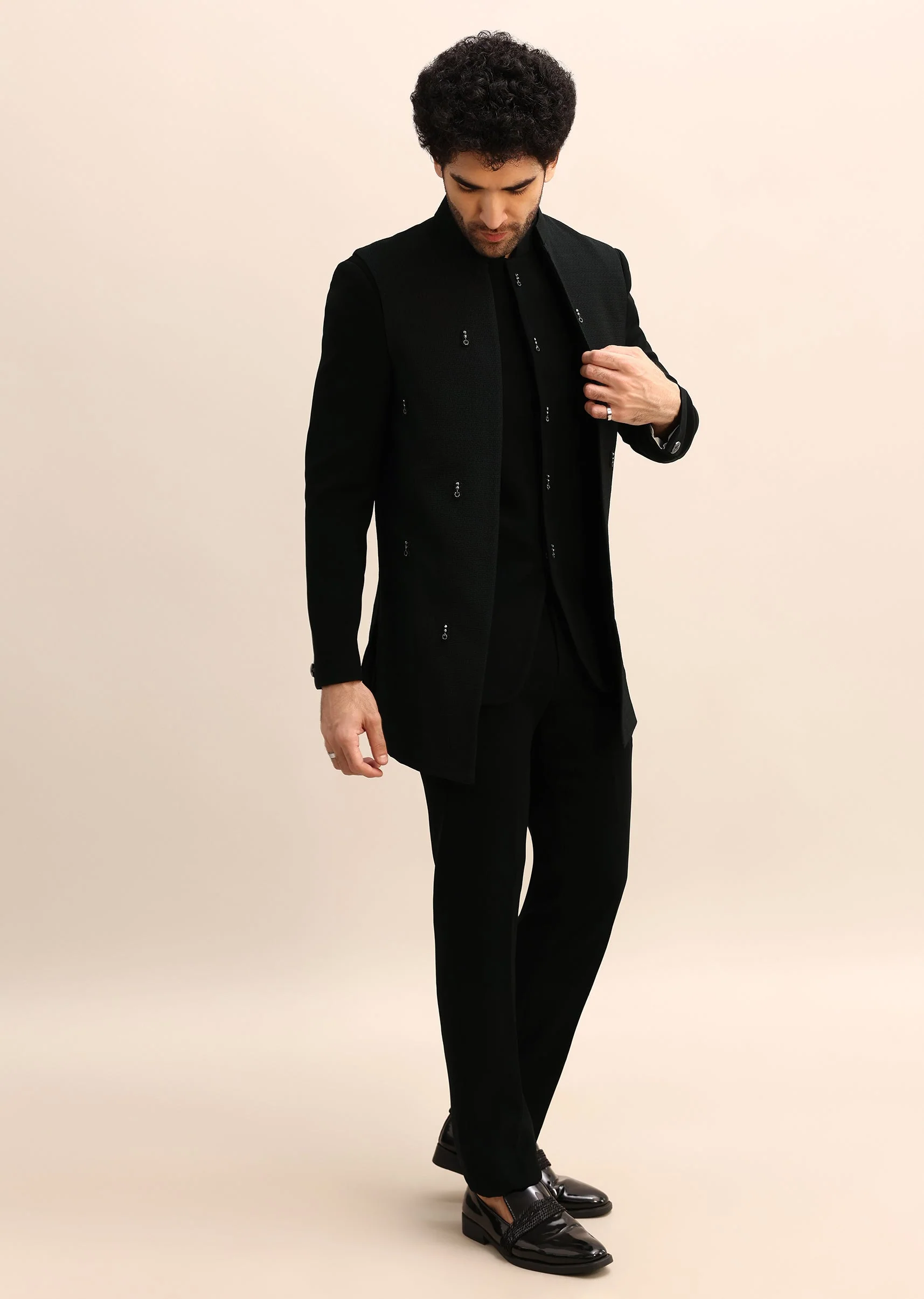 Black Velvet 3 Pc Jodhpuri Suit - Image 4
