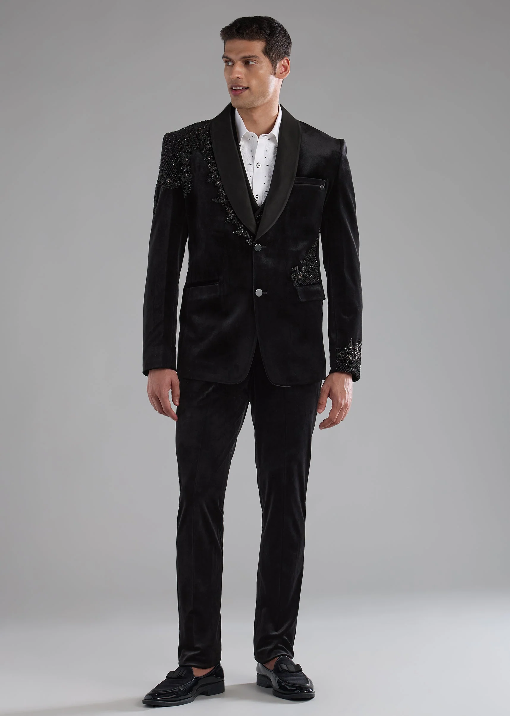 Black Velvet Bead Embellished Tuxedo and Bow Set - Image 4
