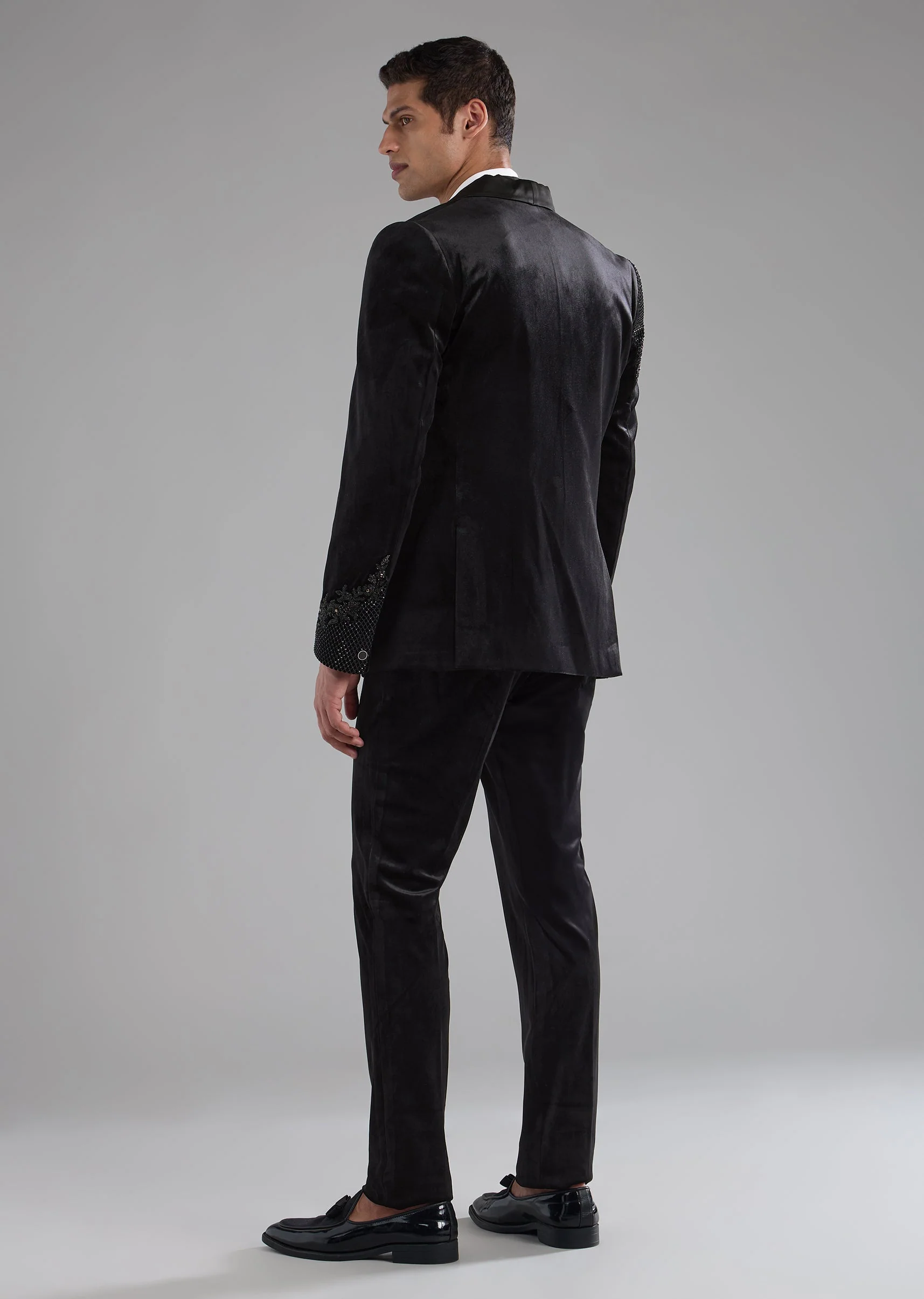 Black Velvet Bead Embellished Tuxedo and Bow Set - Image 5