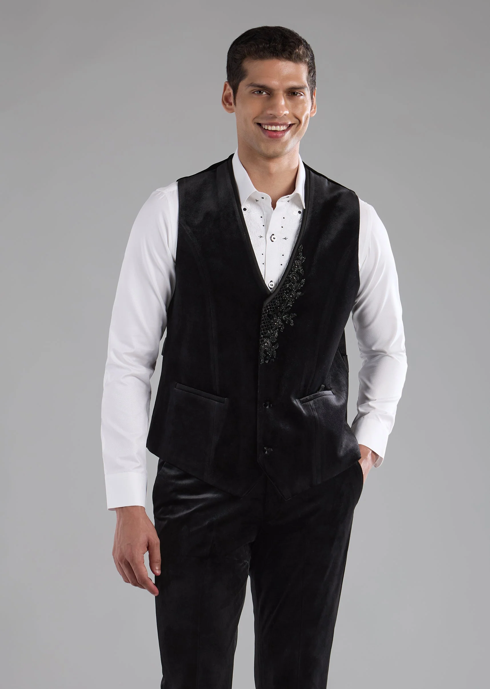 Black Velvet Bead Embellished Tuxedo and Bow Set - Image 6